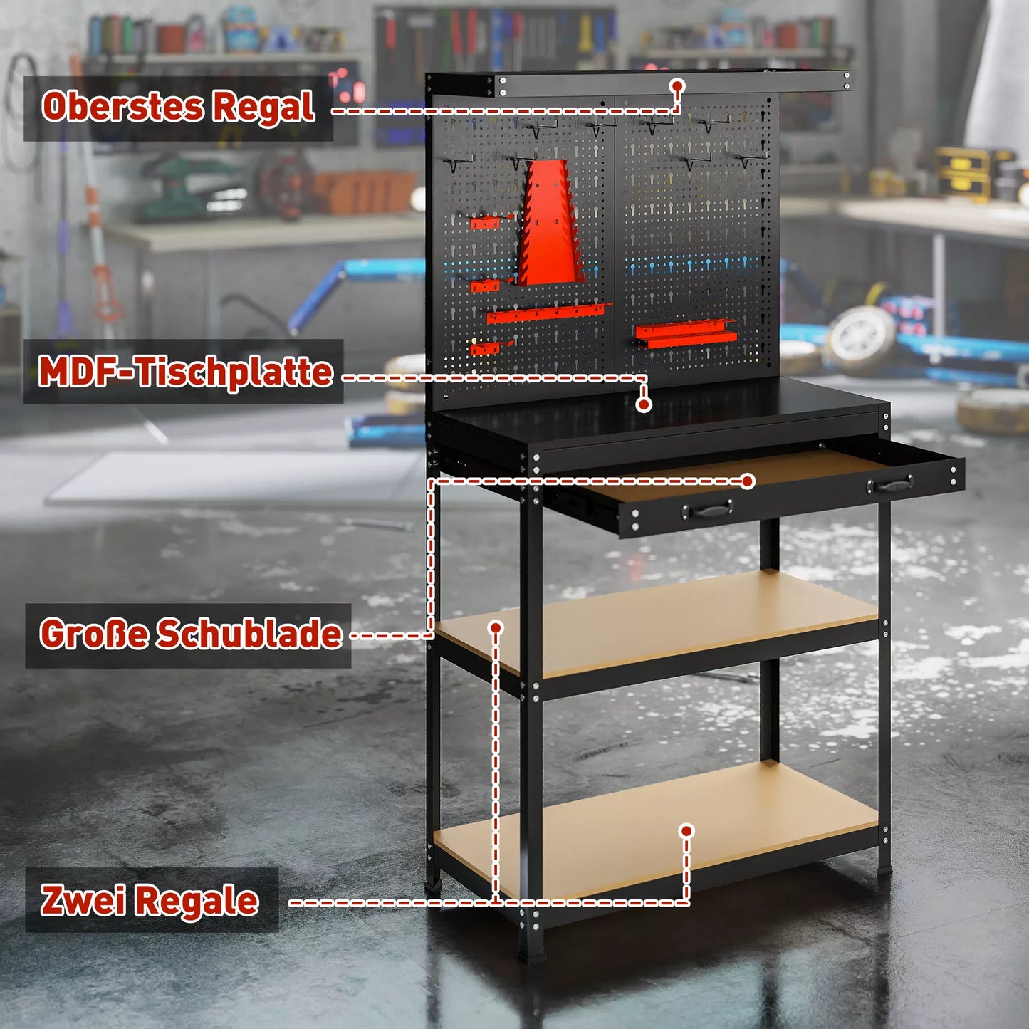 Įrankių stalas 80 x 40,5 x 155 cm, su perforuota sienele, kabliukais, stalčiumi, 2 lentynomis dirbtuvėms, juodas