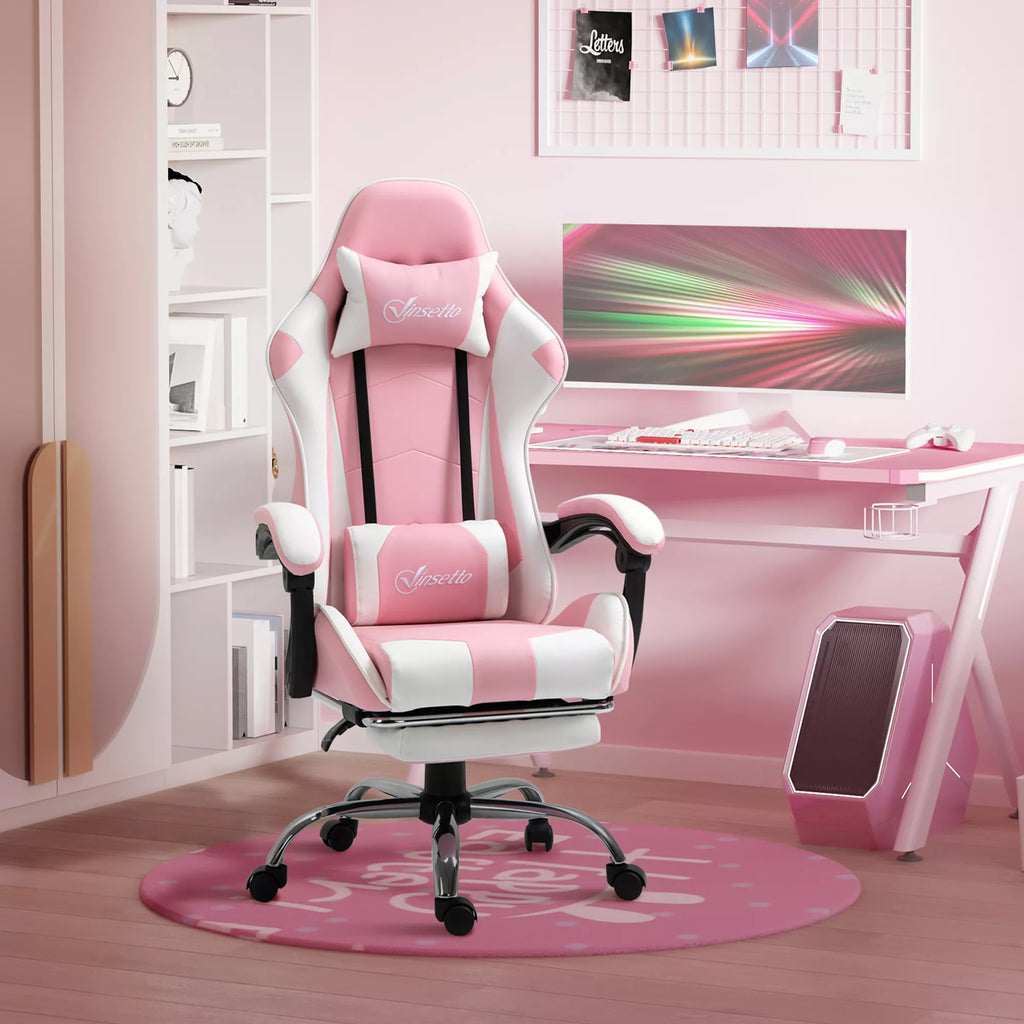 Žaidimų kėdė Kompiuterio kėdė Ergonomiška biuro kėdė Žaidėjų kėdė su galvos atrama Juosmens pagalvė Biuro kėdė, reguliuojamo aukščio, pasukama 360° Putų plastikas Dirbtinė oda PVC Rožinė + balta 64 x 67 x 119–127 cm
