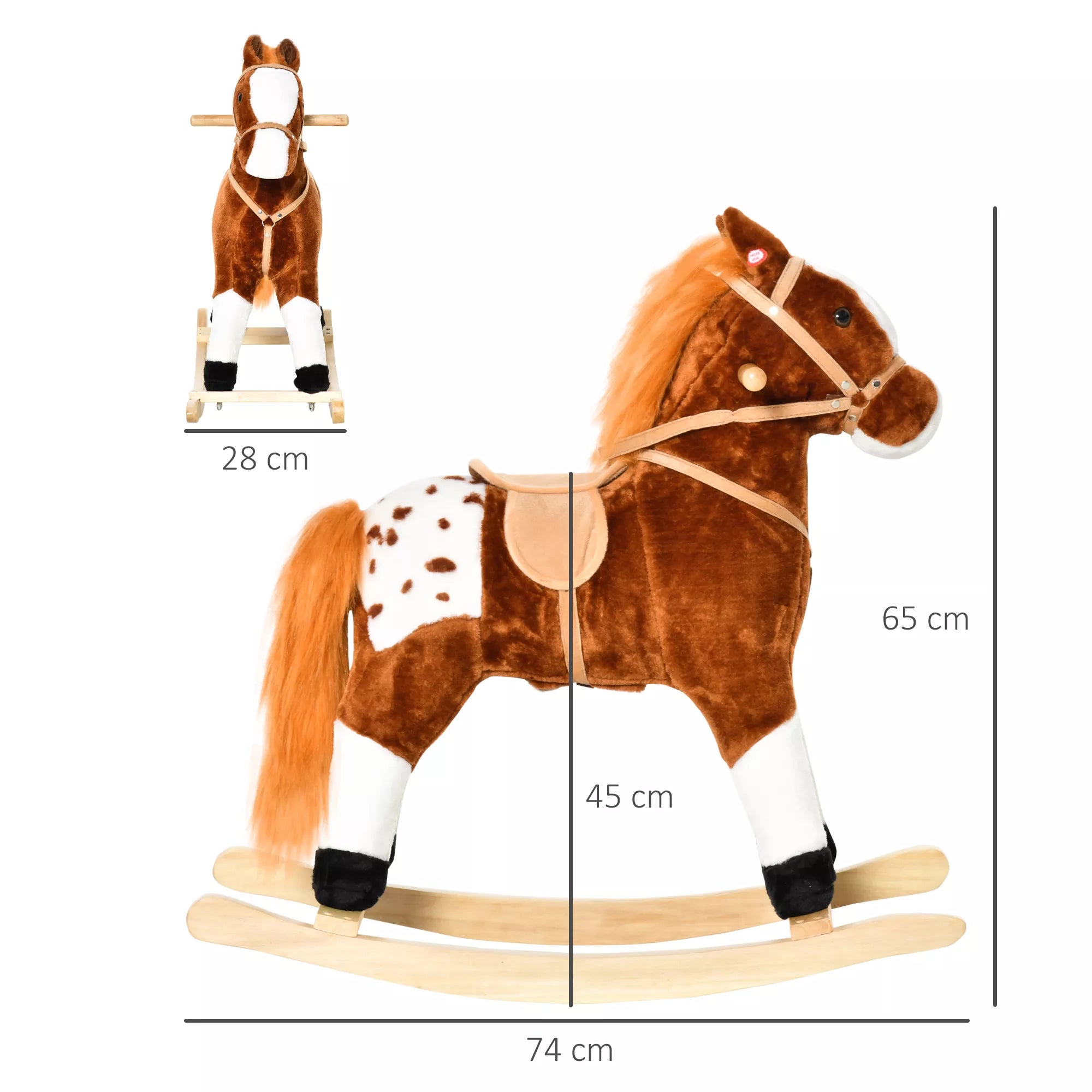 Schema su arkliuko matmenimis: aukštis 65 cm, balnas 45 cm, pagrindas 74 cm