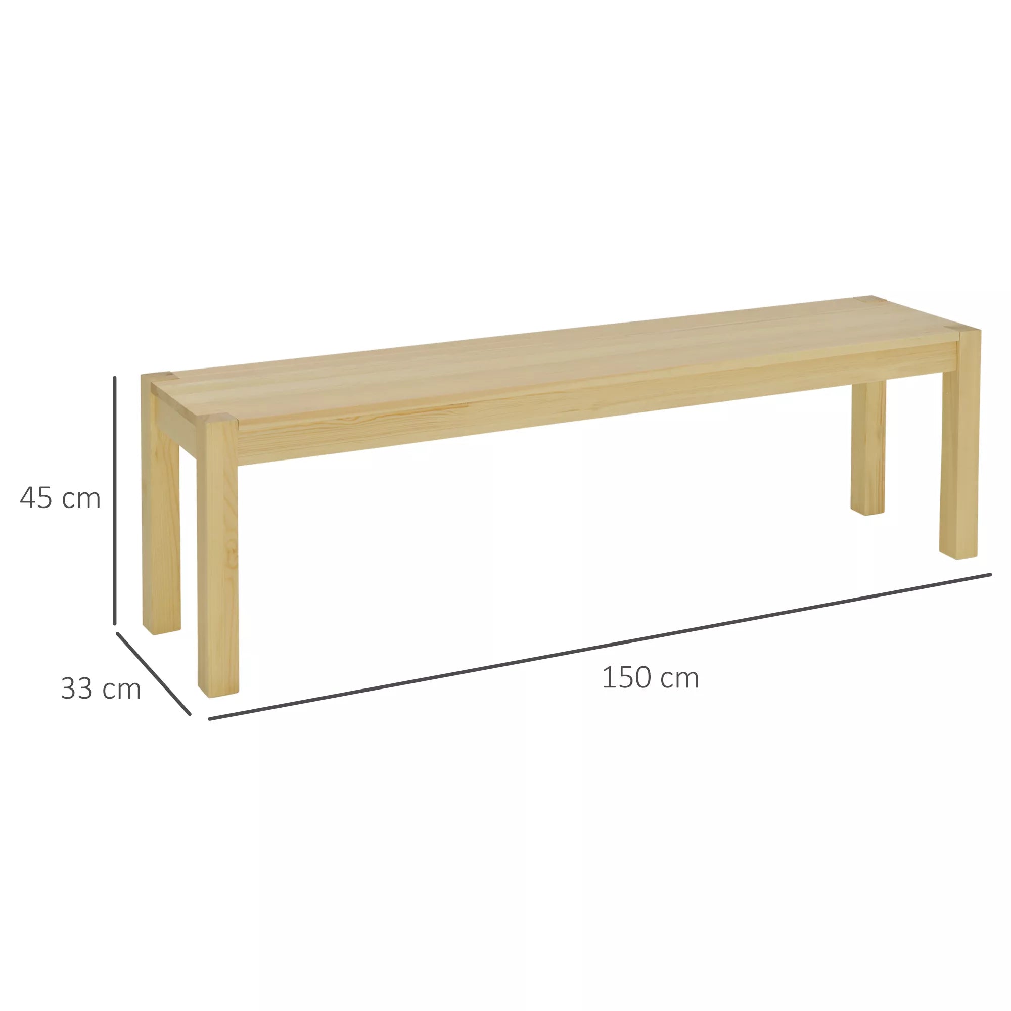Trivietis pušies suoliukas su matmenų schema: 150x33x45 cm nurodytais