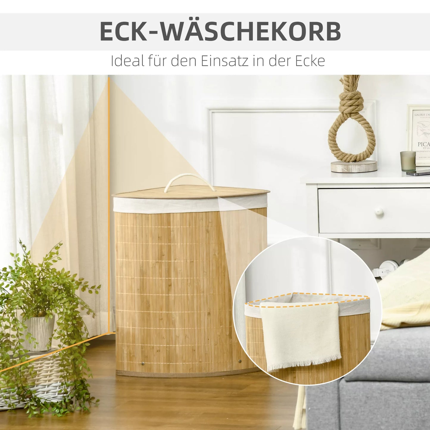55 L skalbinių krepšys su dangčiu, rankena, skalbinių rūšiuoklis su išimamu skalbinių maišu vonios kambariui, bambukas, natūralus