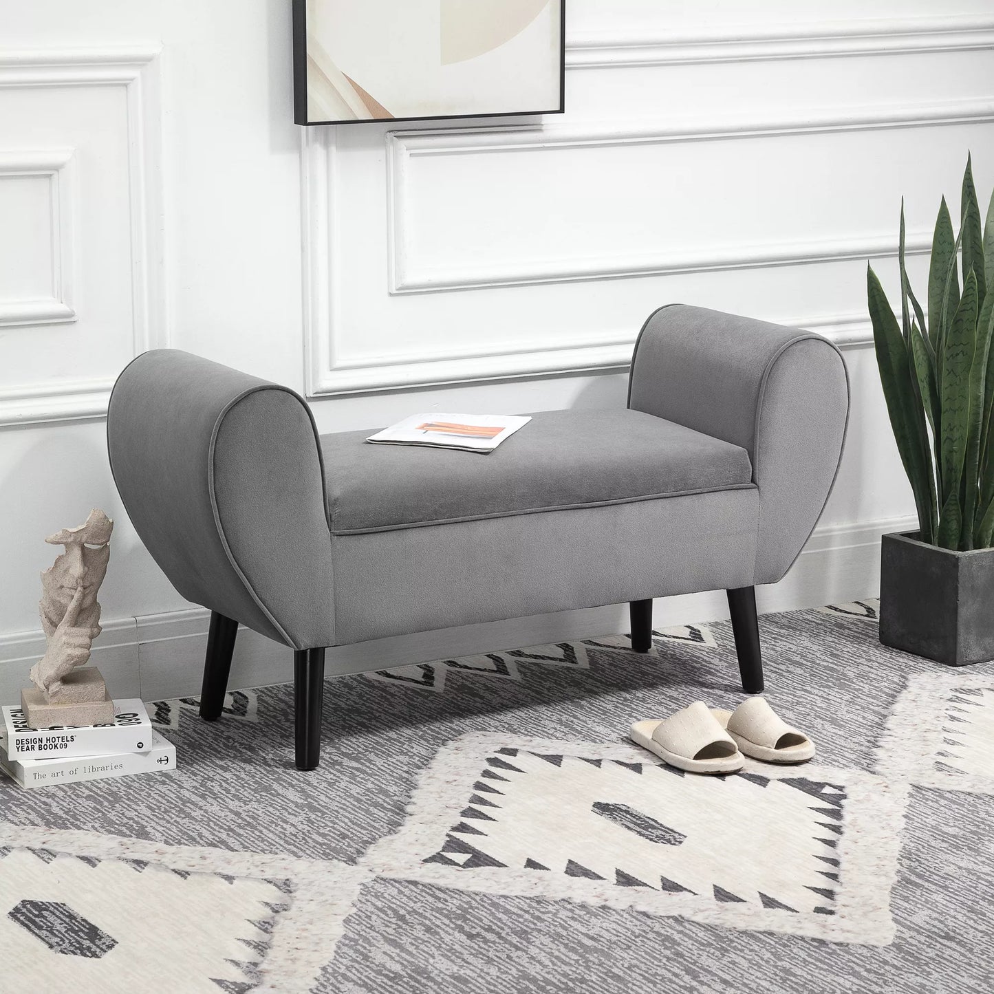 Paminkštintas suoliukas su daiktadėže ir porankiais, skrynios tipo suoliukas prieškambariui, miegamajam, svetainei, 118 x 42 x 66 cm, tamsiai pilkos spalvos