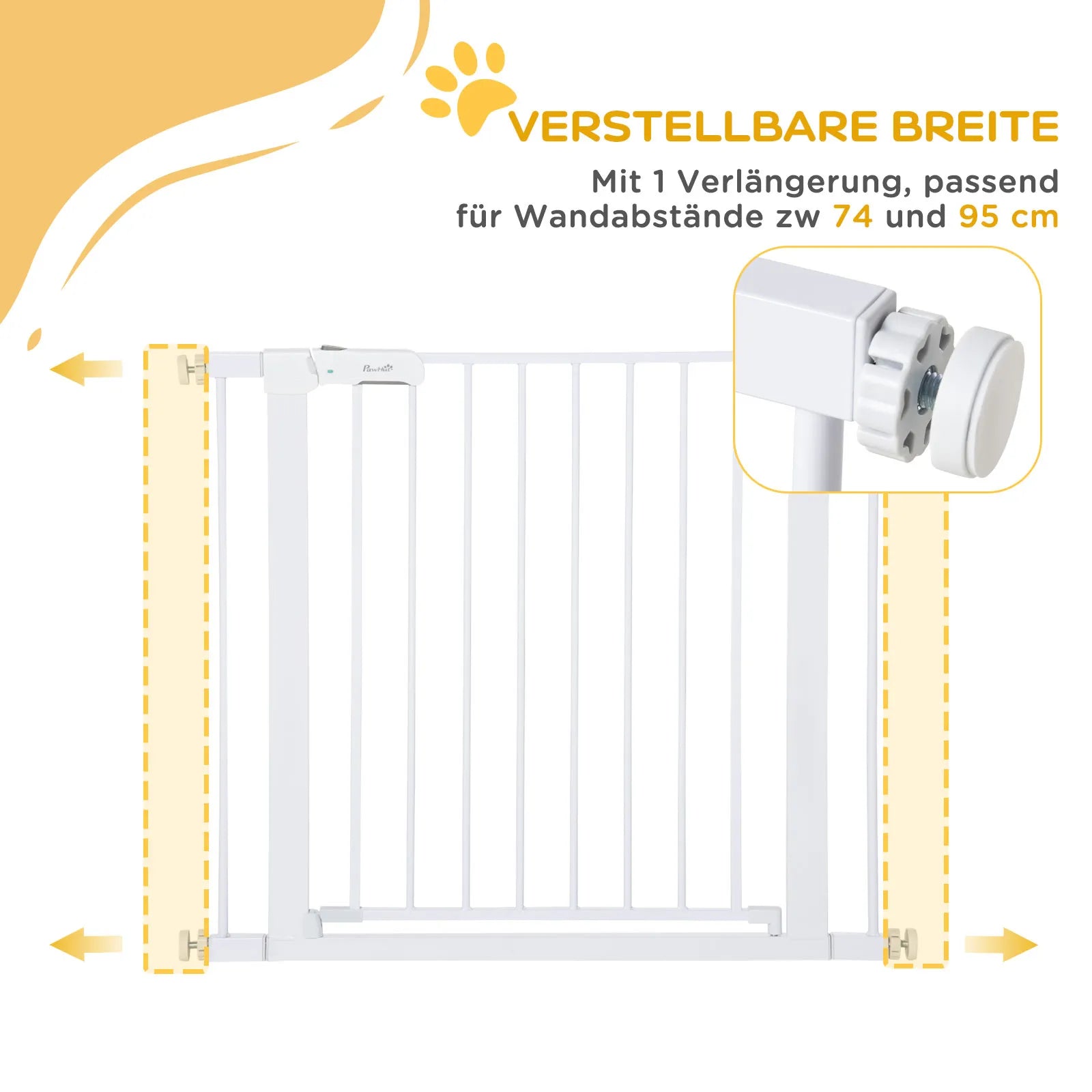 Durų grotelės, montavimas be gręžimo, reguliuojamas plotis 75–96 cm, atidaromos viena ranka, metalinės, baltos, automatinio uždarymo kūdikių apsauginės grotelės