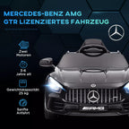 Informacinė grafika apie juodą Mercedes AMG GTR elektromobilį
