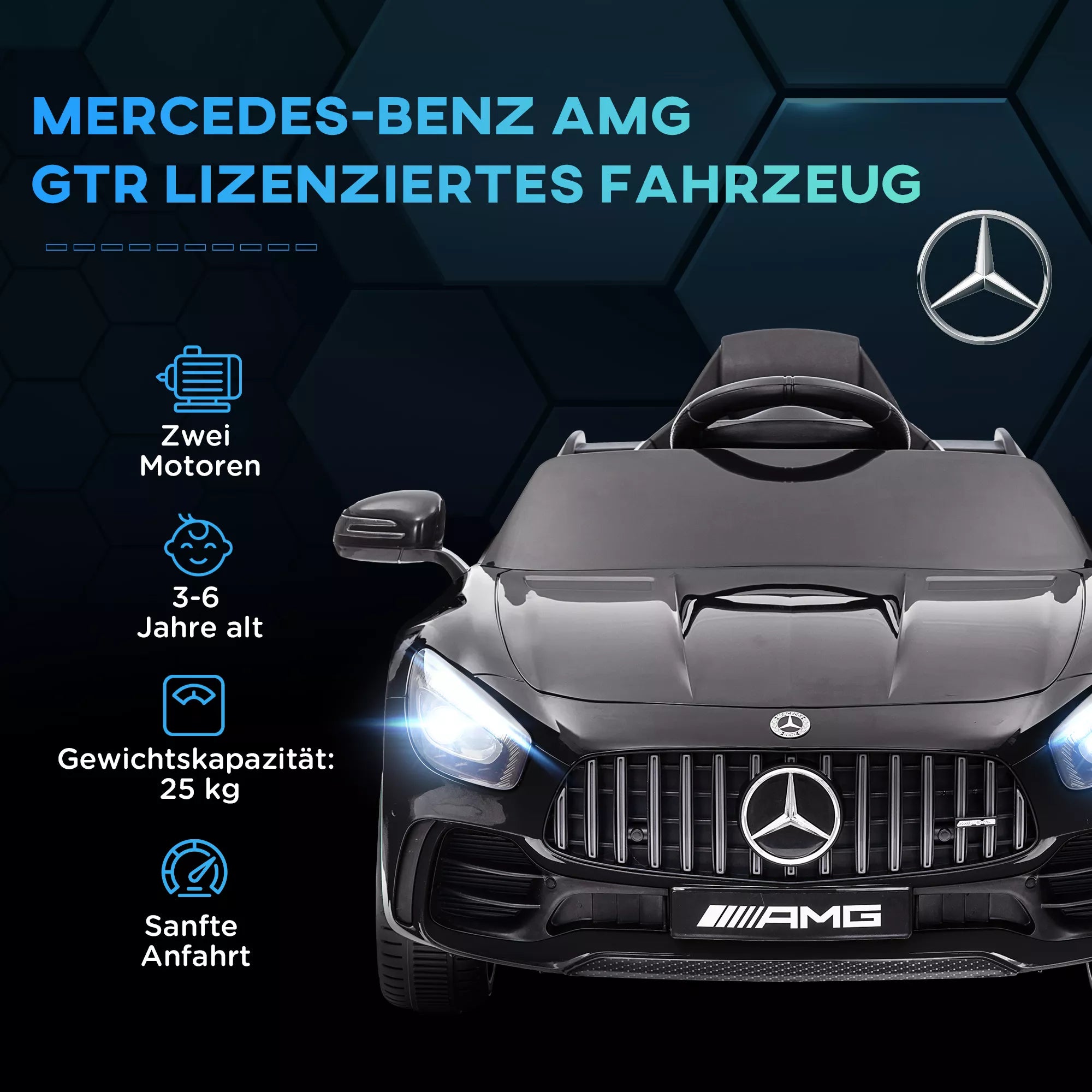 Elektrinis vaikų automobilis, Mercedes, 3–5 km/h, nuotolinio valdymo pultas, šviesa ir muzika, juodas