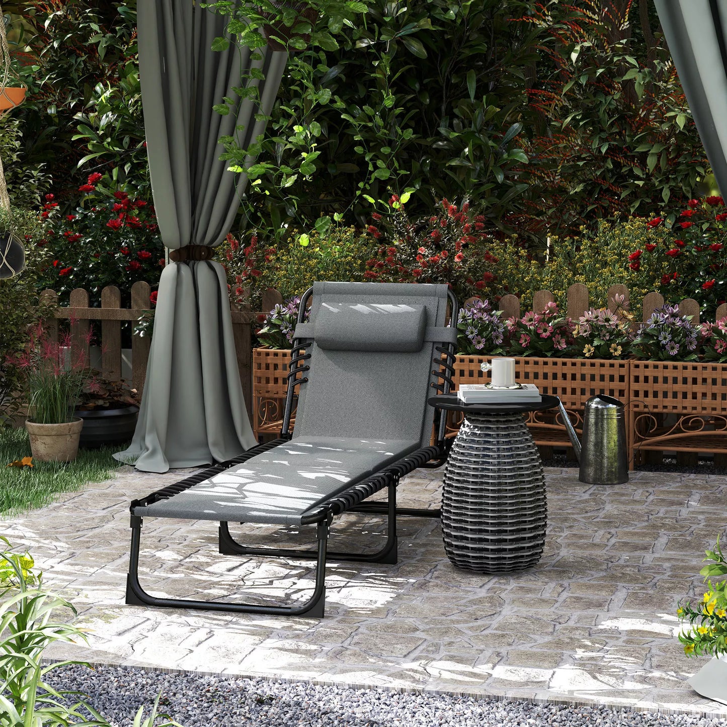 Gultas, gultas su paminkštinimu ir šonine kišenėle, sodo gultas, baseino gultas, paminkštintas gultas, pilkos spalvos