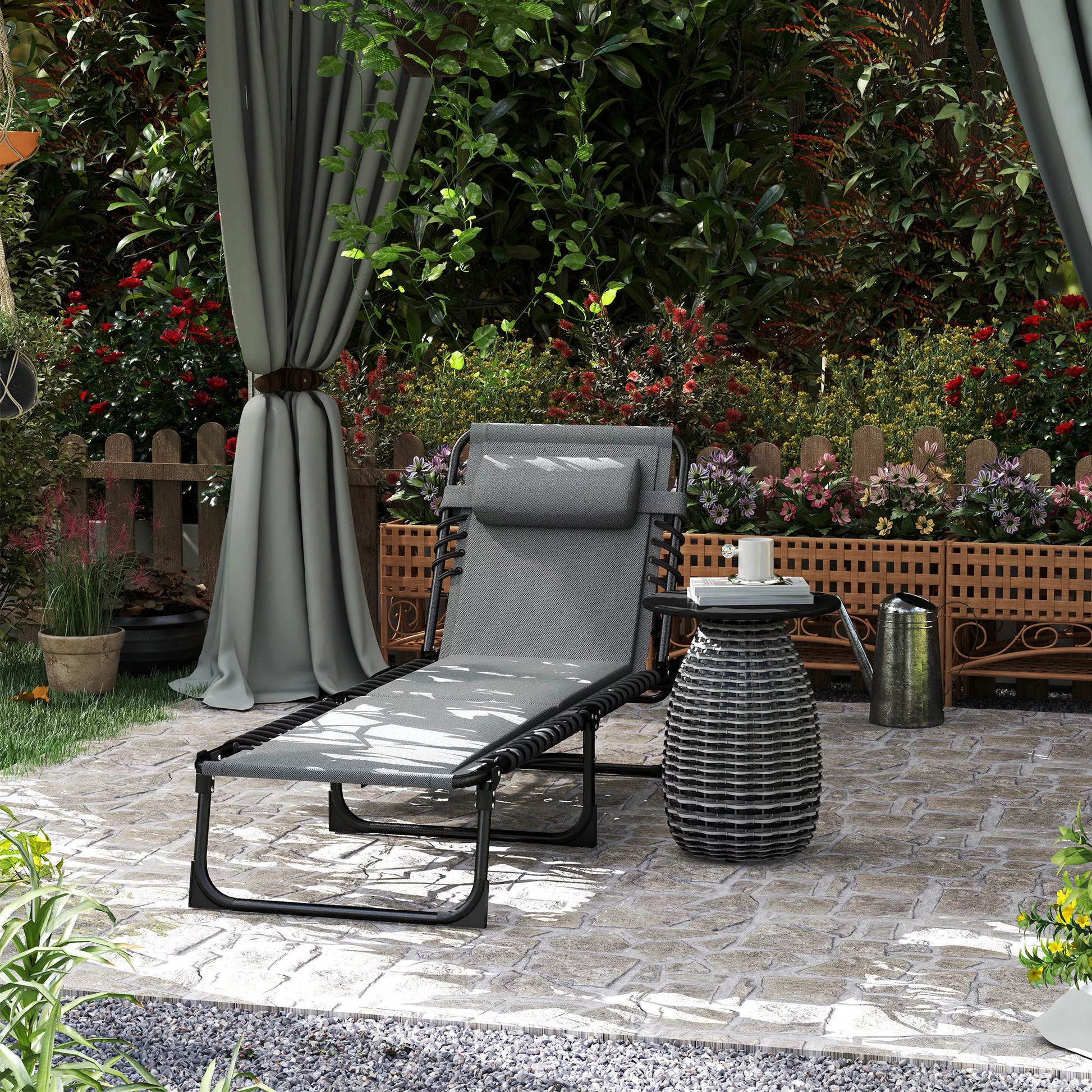 Gultas, gultas su paminkštinimu ir šonine kišenėle, sodo gultas, baseino gultas, paminkštintas gultas, pilkos spalvos