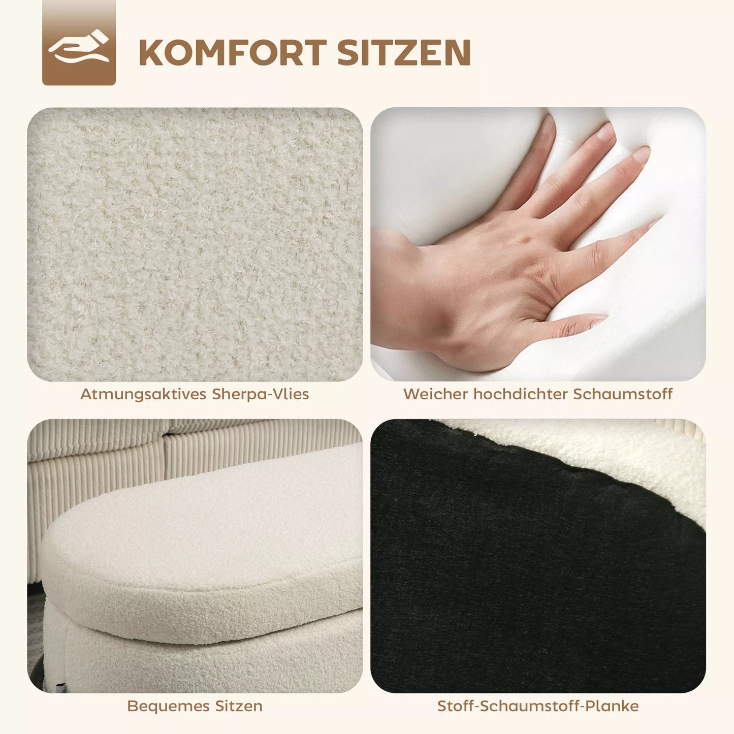 Sėdimoji dėžė, sėdimoji dėžė su dangčiu ir saugojimo erdve, plieninės kojos, minkšta sėdimoji dėžė su vilnoniu apmušalu, kreminė balta spalva