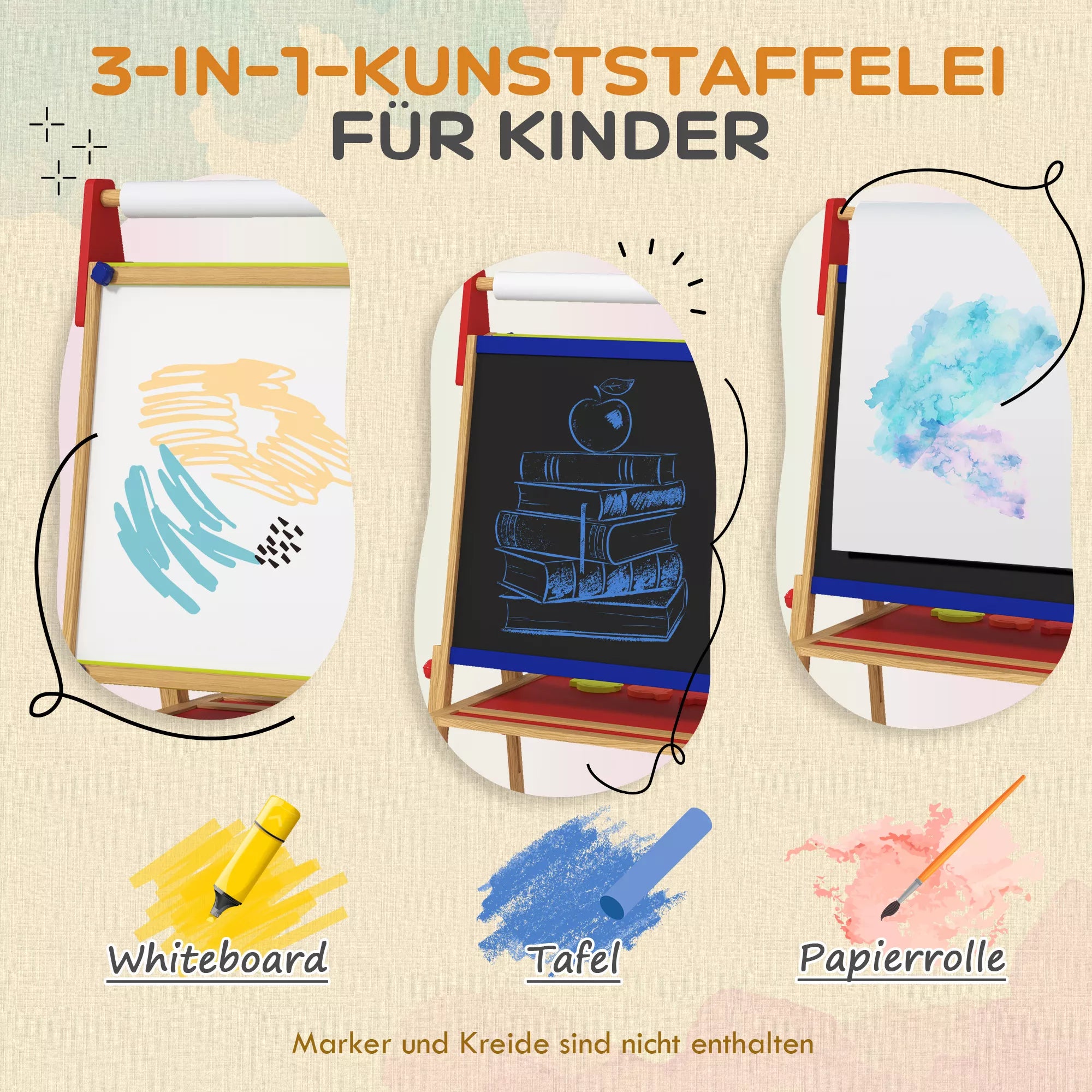 3-in-1 Vaikiškas molbertas, kreidinė lenta, rašomoji lenta, popieriaus ritinėlis, su priedais, pušies mediena, reguliuojamas