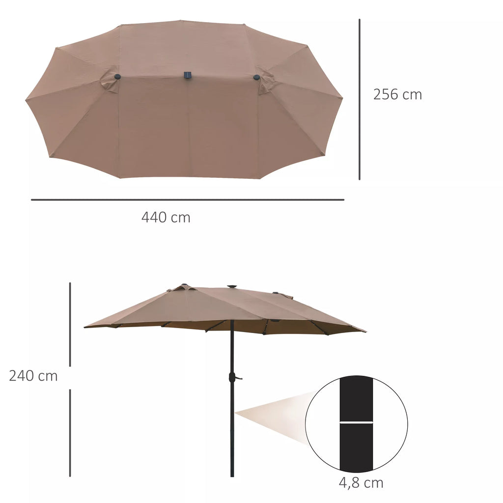 Schema su skėčio matmenimis: 440 × 256 cm, aukštis 240 cm