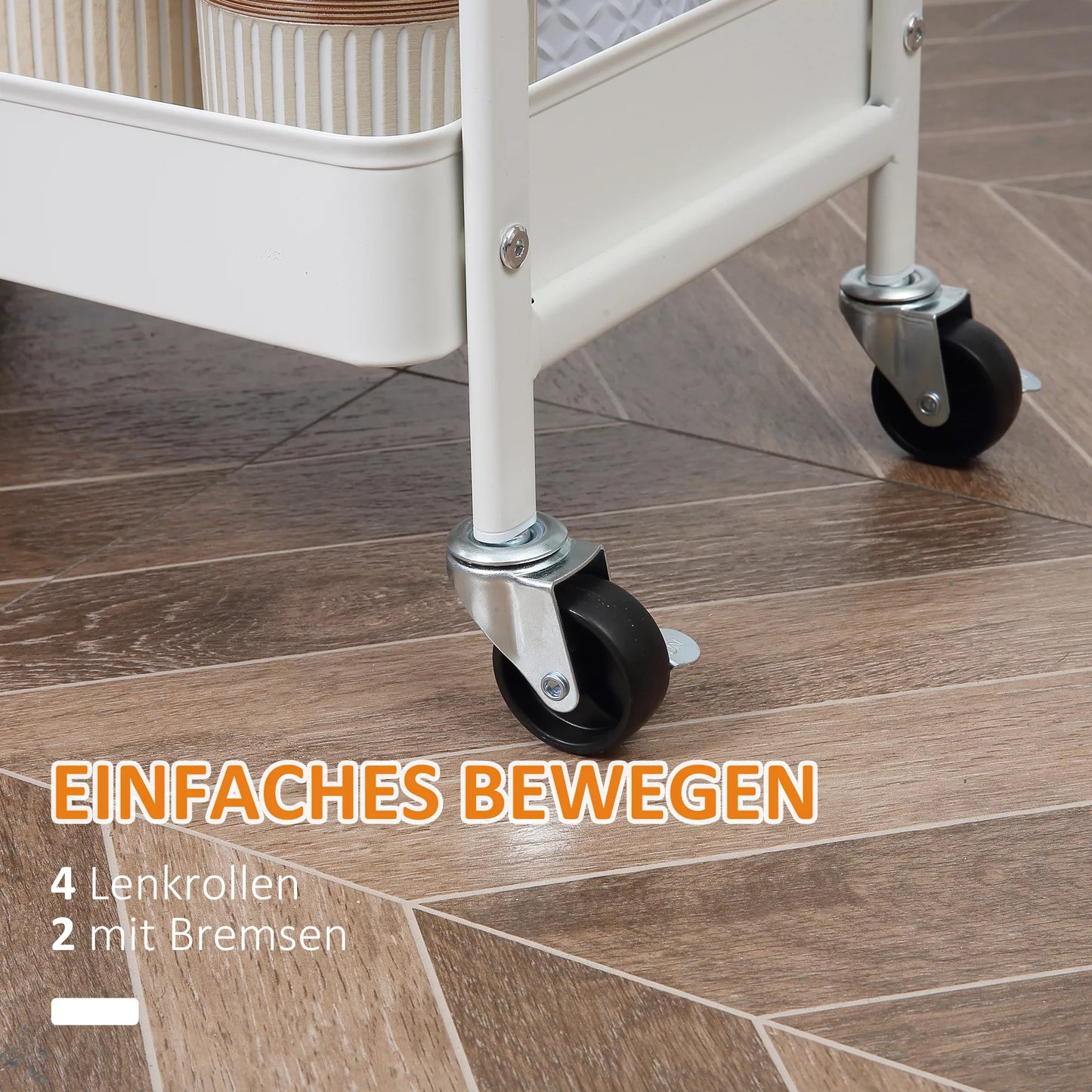 Virtuvės vežimėlis ant ratukų, 2 lentynos, stalčius, padėklas, 4 ratukai, rankenos, plienas, balta