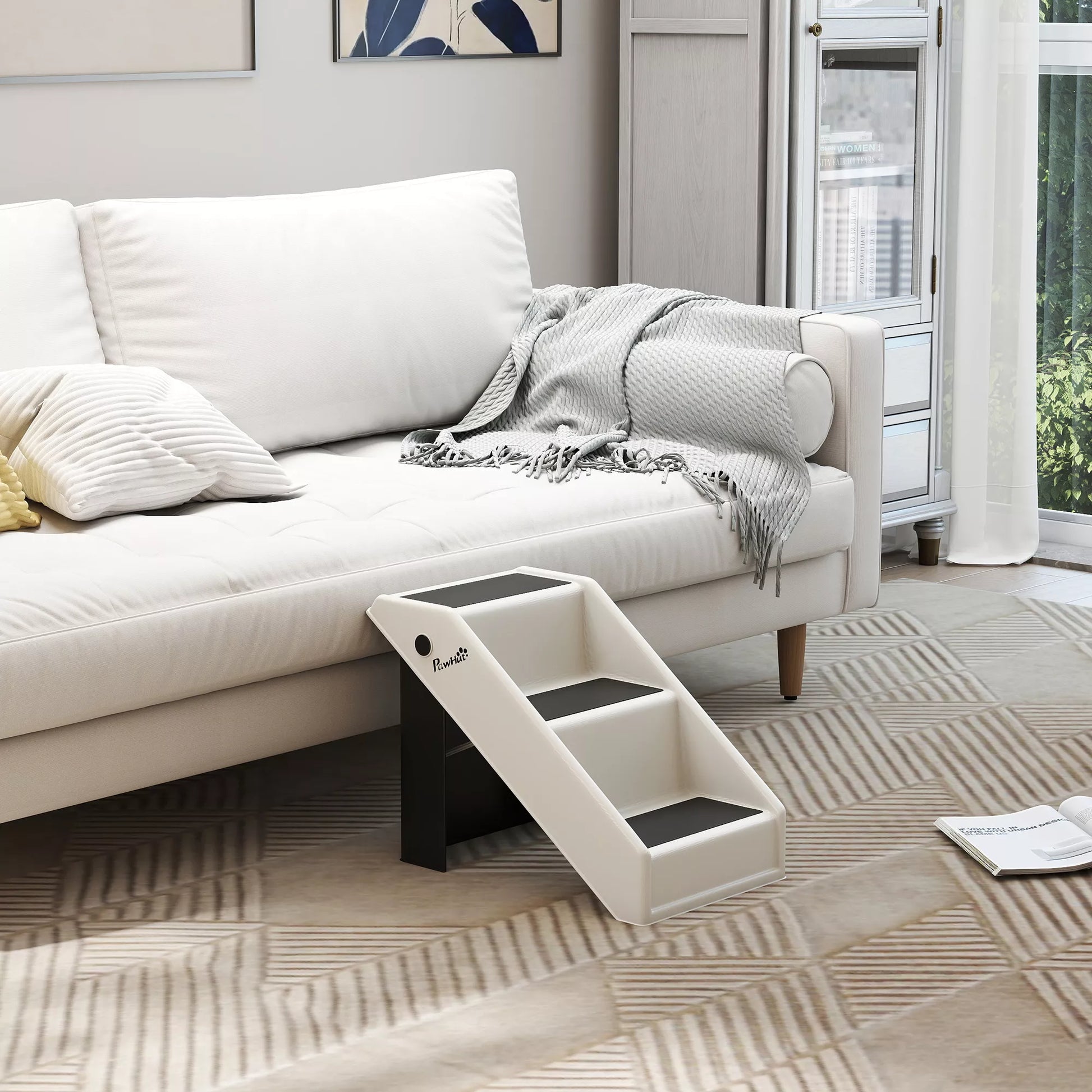 Šunų laipteliai 3 pakopų 36,5 cm aukščio, sulankstomi, naminių gyvūnėlių laipteliai mažiesiems šunims, skirti lovai, sofai, foteliui, automobiliui, kreminės baltos spalvos.