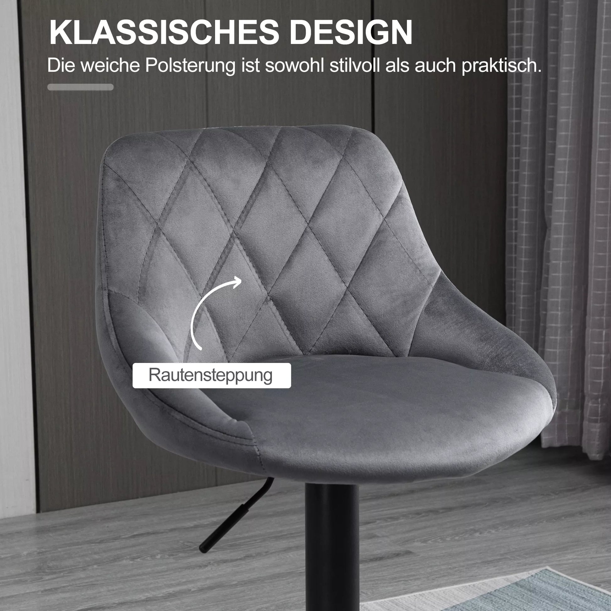 Rombais dygsniuotos, aksominės baro kėdės (2 vnt.), reguliuojamas aukštis, tamsiai pilka spalva