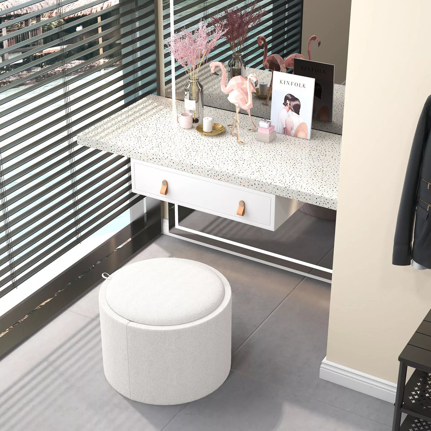 Pufas su paminkštinimu, linas, paslėpta saugykla, apverčiamas dangtis, 56 cm x 56 cm x 42 cm, kreminė + natūrali