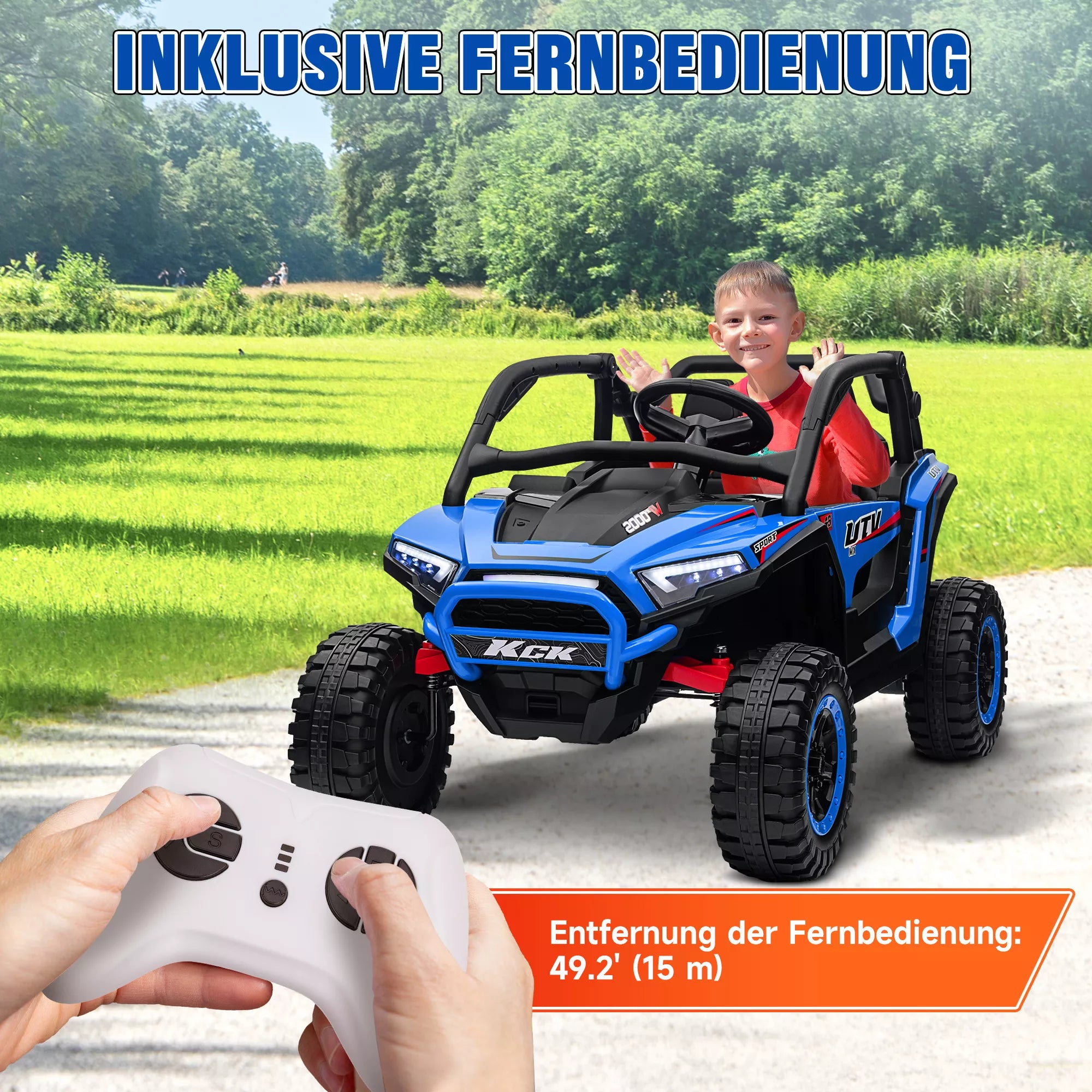 Vaikų automobilis „Elektro-UTV“, 5–7 km/h, 2 vietos, nuotolinis valdymas, muzika, žibintai, 1 val. važiavimo trukmė, mėlynas