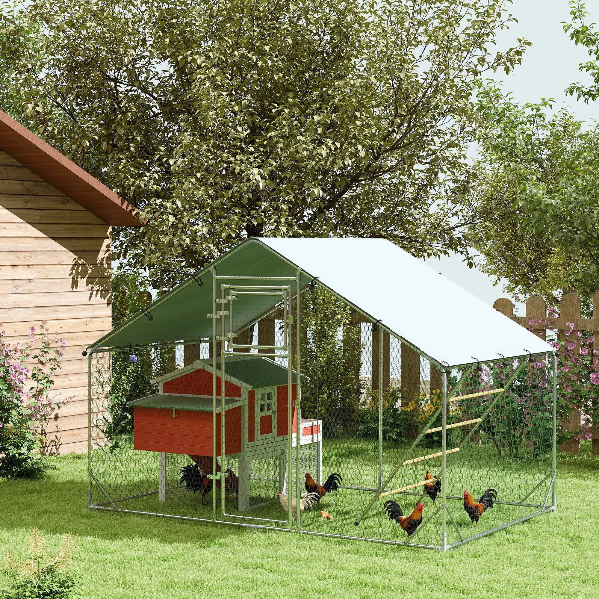 Vištidė su voljeru, 6 m², su stogeliu ir lesyklomis, sidabrinė