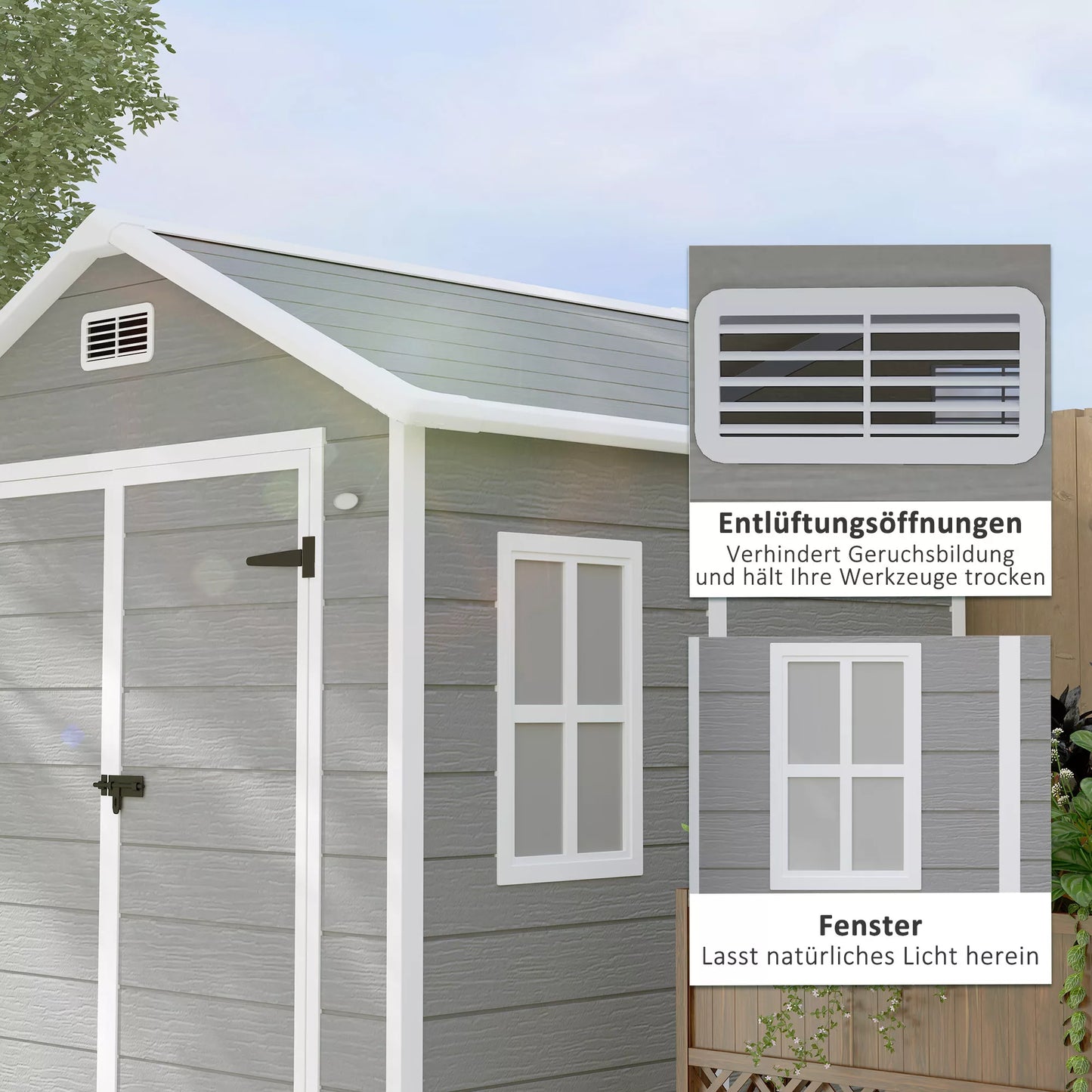 Sodo namelis, įrankių namelis su grindimis, užrakinamos durys, ventiliacijos angos, langai, medžio imitacija, plastikas, pilkos spalvos