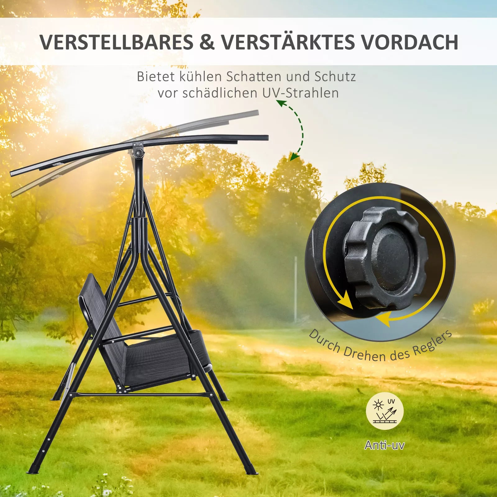 2-vietė „Hollywood“ sūpynė lauko sodo gultas, atspari UV spinduliams, pagaminta iš aukštos kokybės metalinių vamzdžių, reguliuojamas atlošo kampas, juodos spalvos