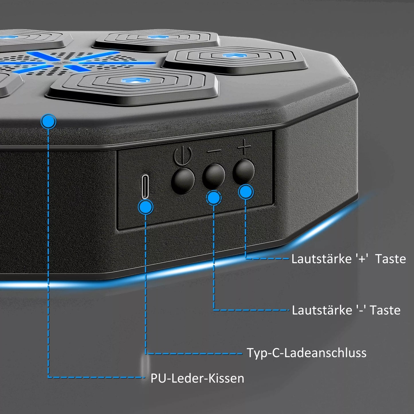 Bokso treniruoklis su muzikos funkcija, Bluetooth, šviečiančiais taškais, tvirtinimu prie sienos, dirbtine oda, juodas