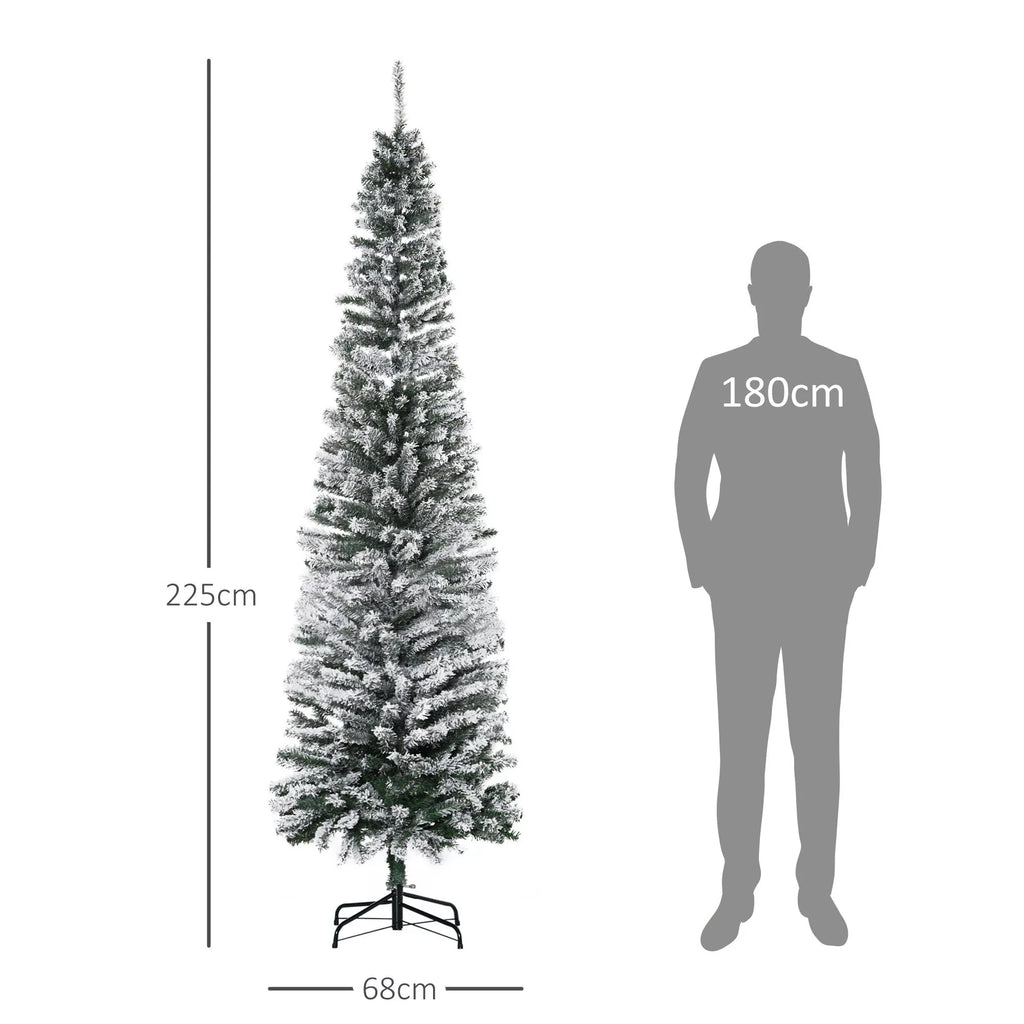 Dirbtinė kalėdinė eglutė 225 cm, siauros formos pušis su sniegu, 738 šakos, skirta naudoti viduje