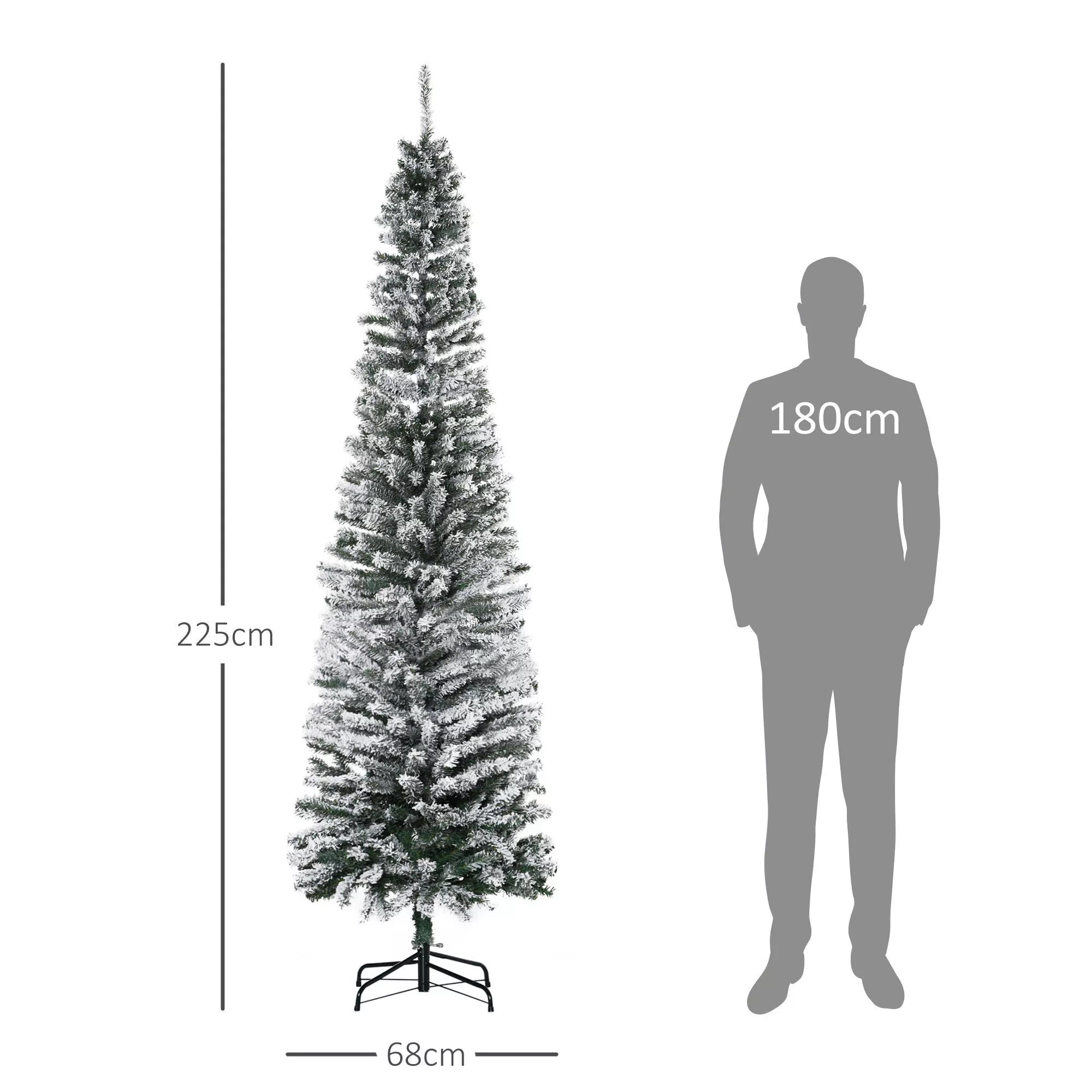 Dirbtinė kalėdinė eglutė 225 cm, siauros formos pušis su sniegu, 738 šakos, skirta naudoti viduje