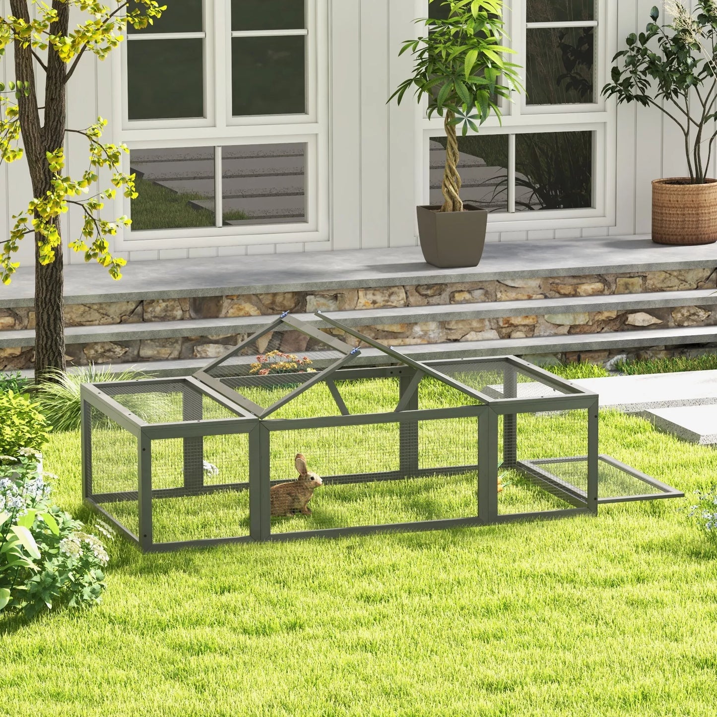 Lauko voljeras smulkiems gyvūnams, atlenkiamas stogas, eglės mediena, pilkas