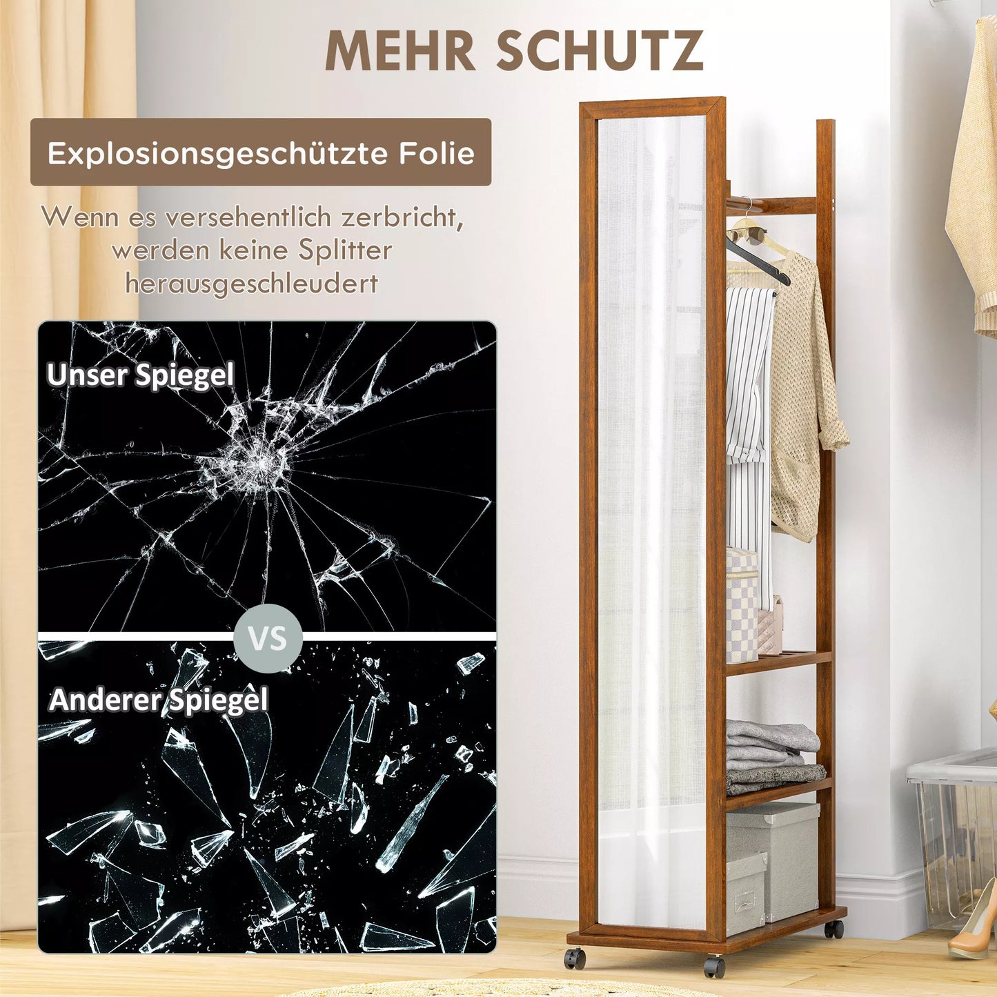 2-in-1 Veidrodis su Drabužine, Viso Kūno Veidrodis, 1 Kabykla, 3 Lentynos, 35,8 x 59,8 x 170 cm, Natūralus