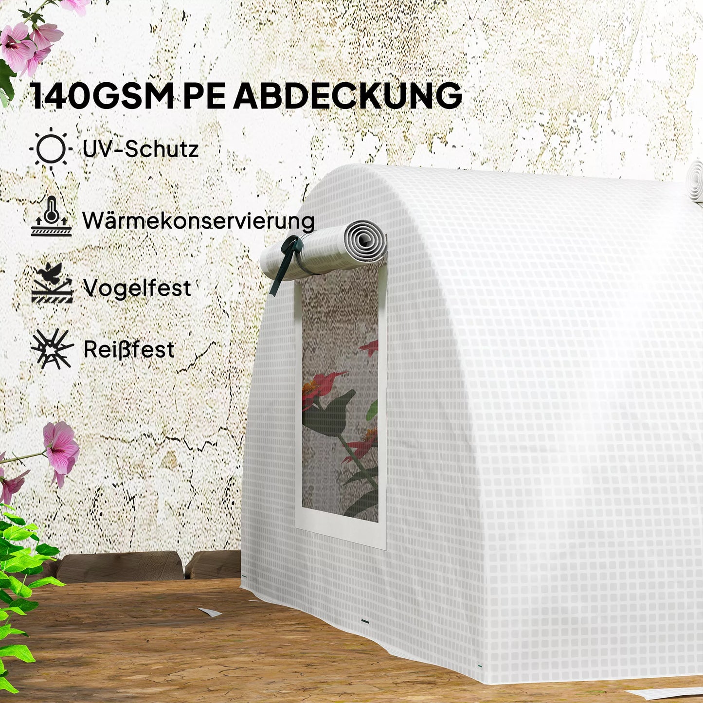 Plėvelės šiltnamis, mini tunelinis šiltnamis su tinkliniu langu, atsparus UV spinduliams, plastikinė plėvelė, 300 x 80 x 45 cm, baltas