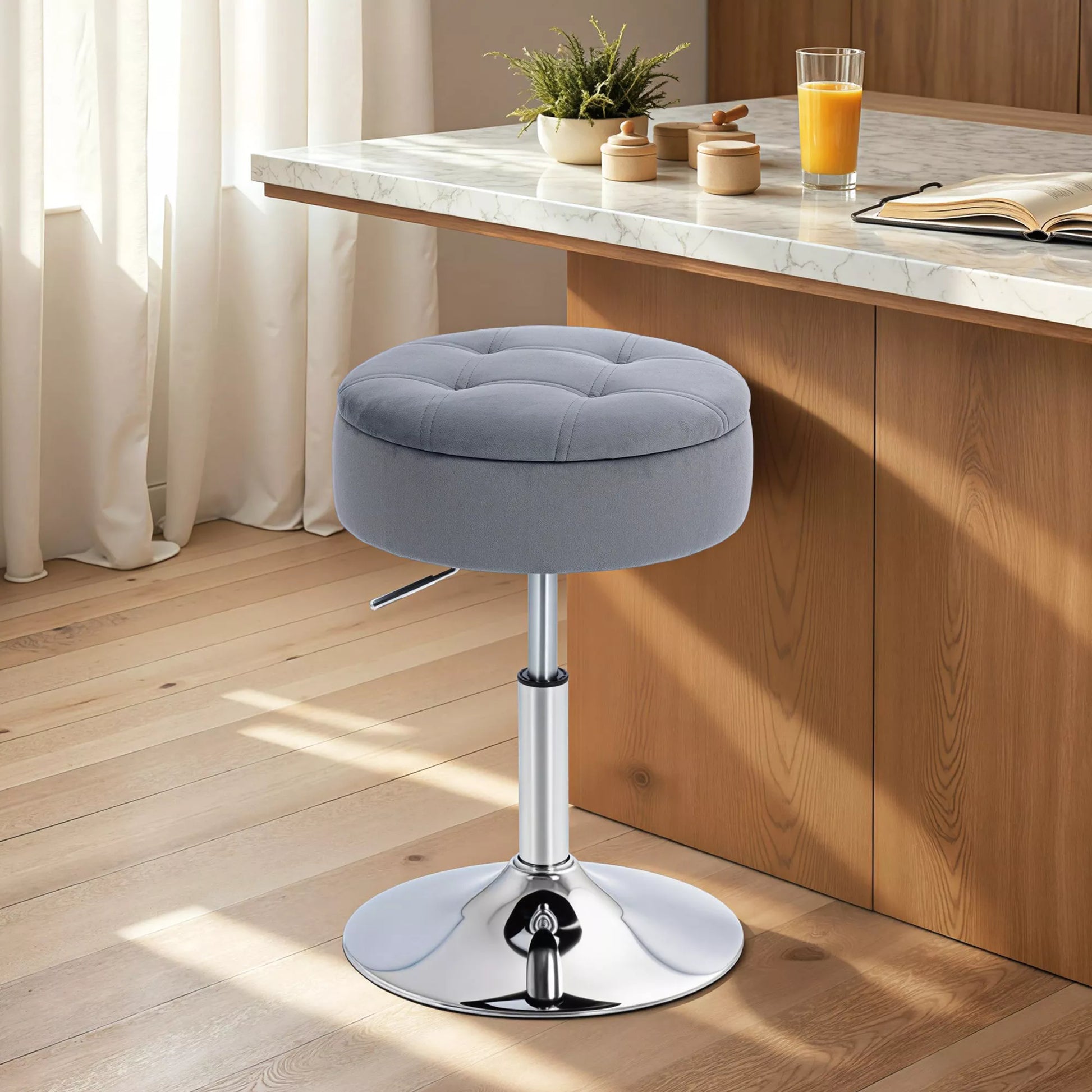 Baro kėdė, reguliuojamo aukščio su daiktadėže, aksomas ir plienas, 39x39x65 cm