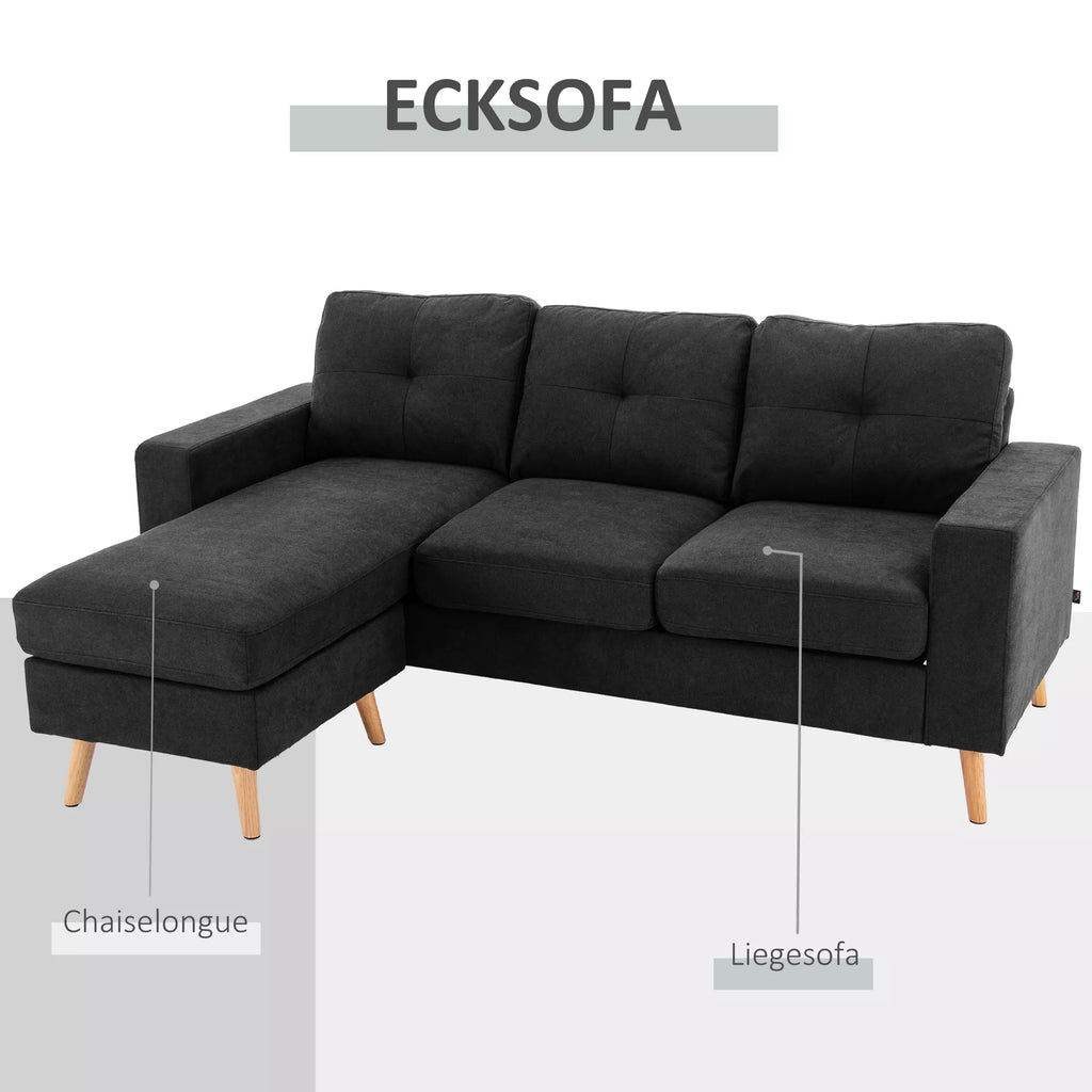 3 vietų sofa Kampinė sofa su chaise longue, su sagčių apdaila, 193 x 136 x 85 cm, Juoda