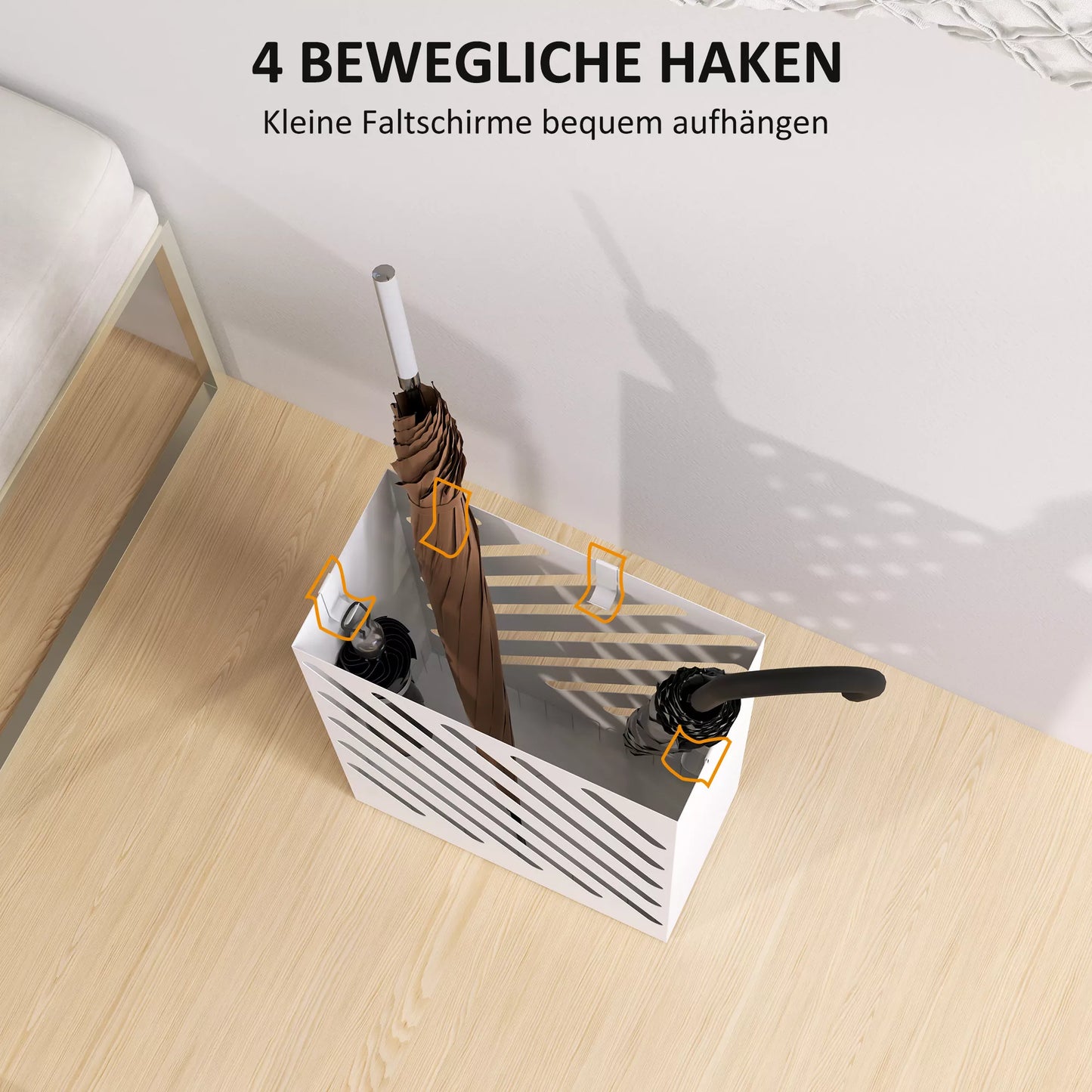 Stovas skėčiams su lašų surinkimo padėklu, 4 kabliukai, plienas, 28 ilg. x 14 plot. x 41 aukšt. cm, balta