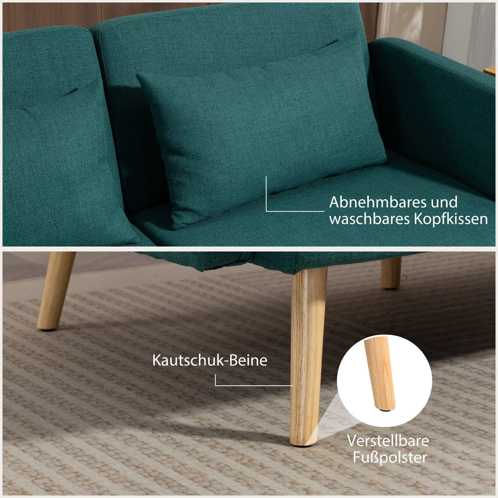 Miegamasis sofos, 3-vietė sofa su lovos funkcija, 2 pagalvės, minkšta sofa su reguliuojamu atlošu, lino išvaizda, žalia