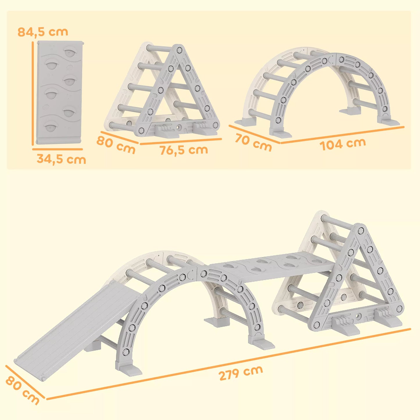 5 in 1 laipiojimo konstrukcija Montessori Indoor, laipiojimo trikampis su čiuožykla, laipiojimo lankas, dvipusis rampa, žaidimų aikštelė vaikams nuo 18 iki 48 mėnesių, pilka + balta