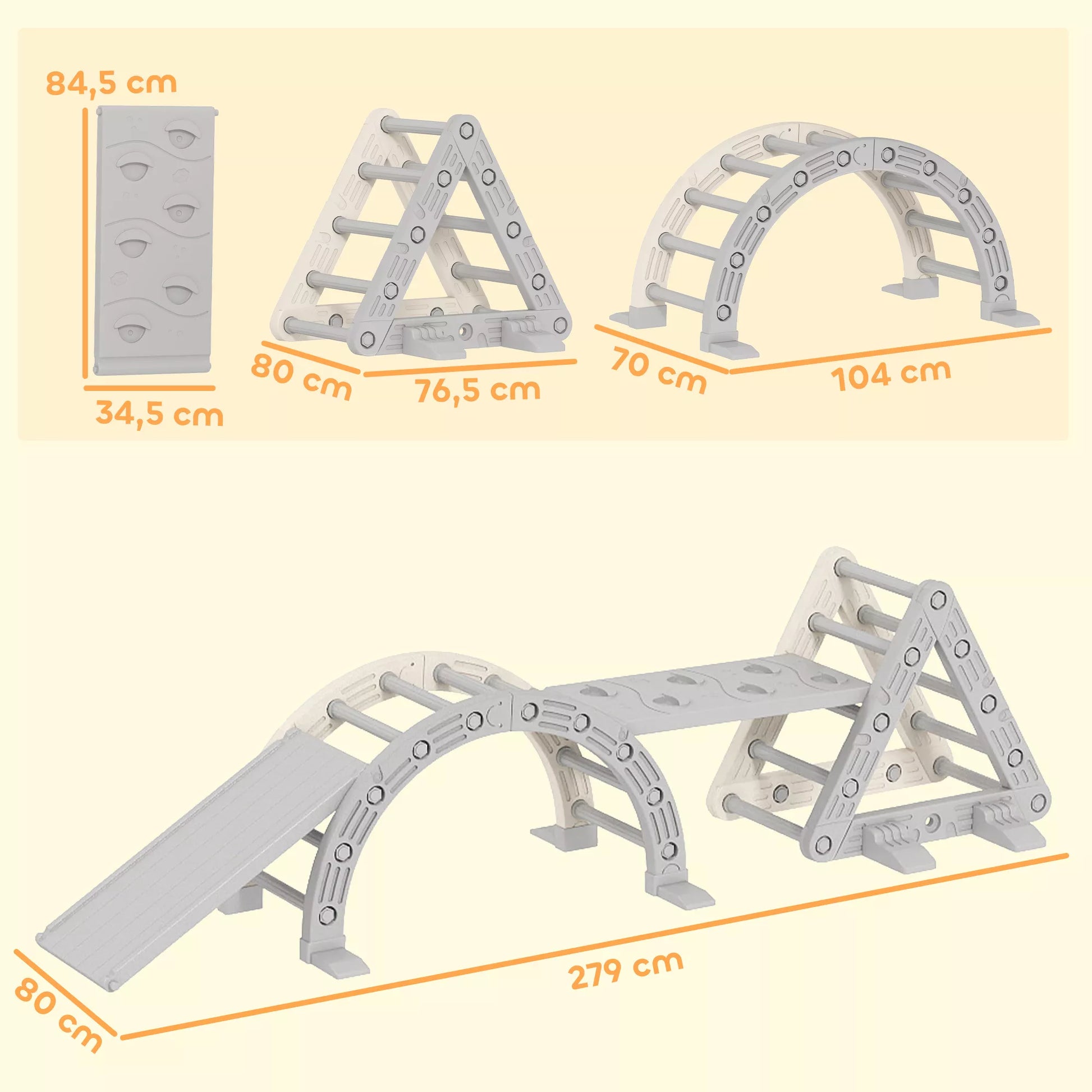 5 in 1 laipiojimo konstrukcija Montessori Indoor, laipiojimo trikampis su čiuožykla, laipiojimo lankas, dvipusis rampa, žaidimų aikštelė vaikams nuo 18 iki 48 mėnesių, pilka + balta