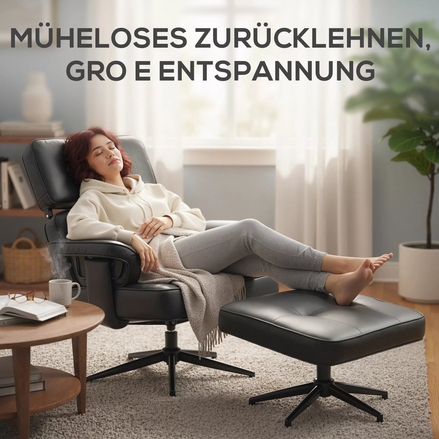 Reguliuojamas atlošiamas krėslas su pufu, dirbtinės odos apmušalas, aukščio reguliuojama galvos atrama, metalinis pagrindas, juodos spalvos