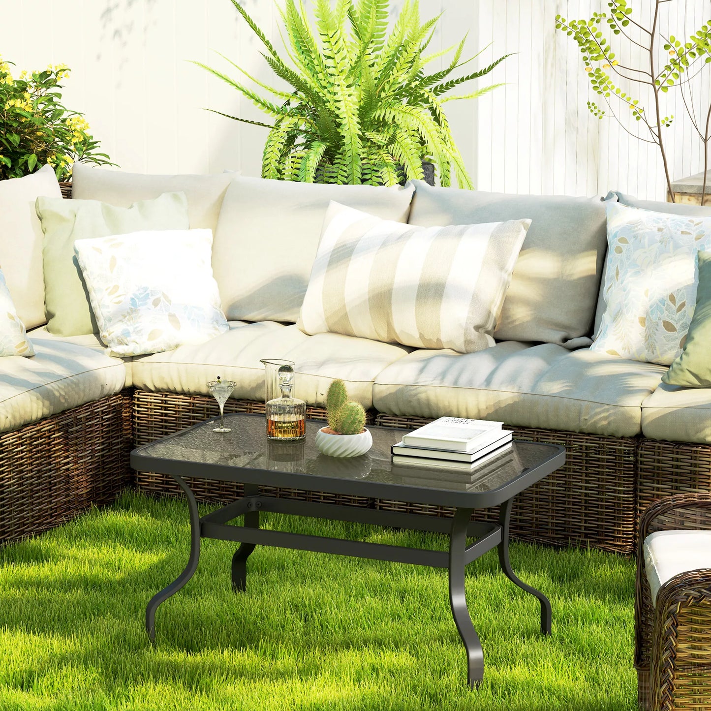 Grūdinto stiklo pagalbinis staliukas, kavos staliukas su bangų dizainu, suapvalintais kampais, balkono staliukas 95x55 cm, juodas