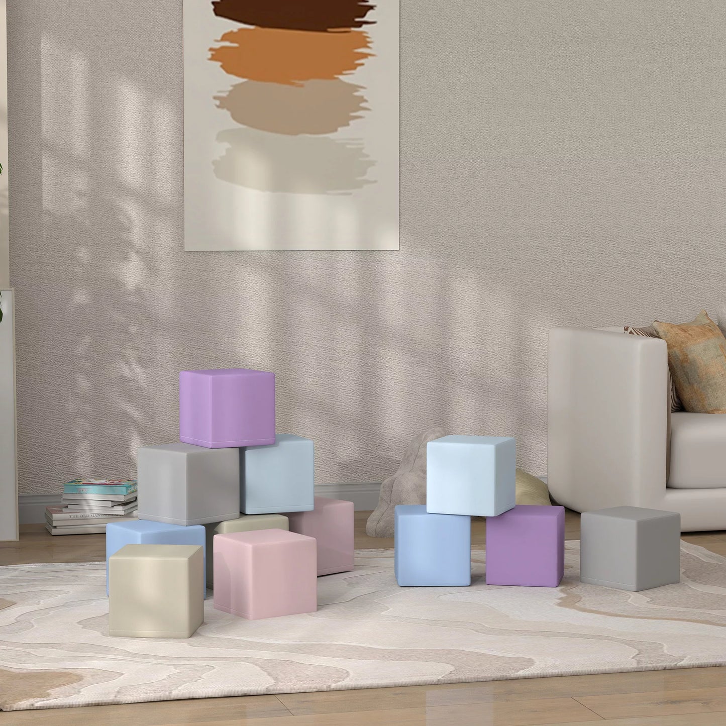 Minkšti blokeliai, 12 kubelių po 20 x 20 x 20 cm, lengvai prižiūrimi, saugūs vaikams, 1-3 metukams, dirbtinė oda