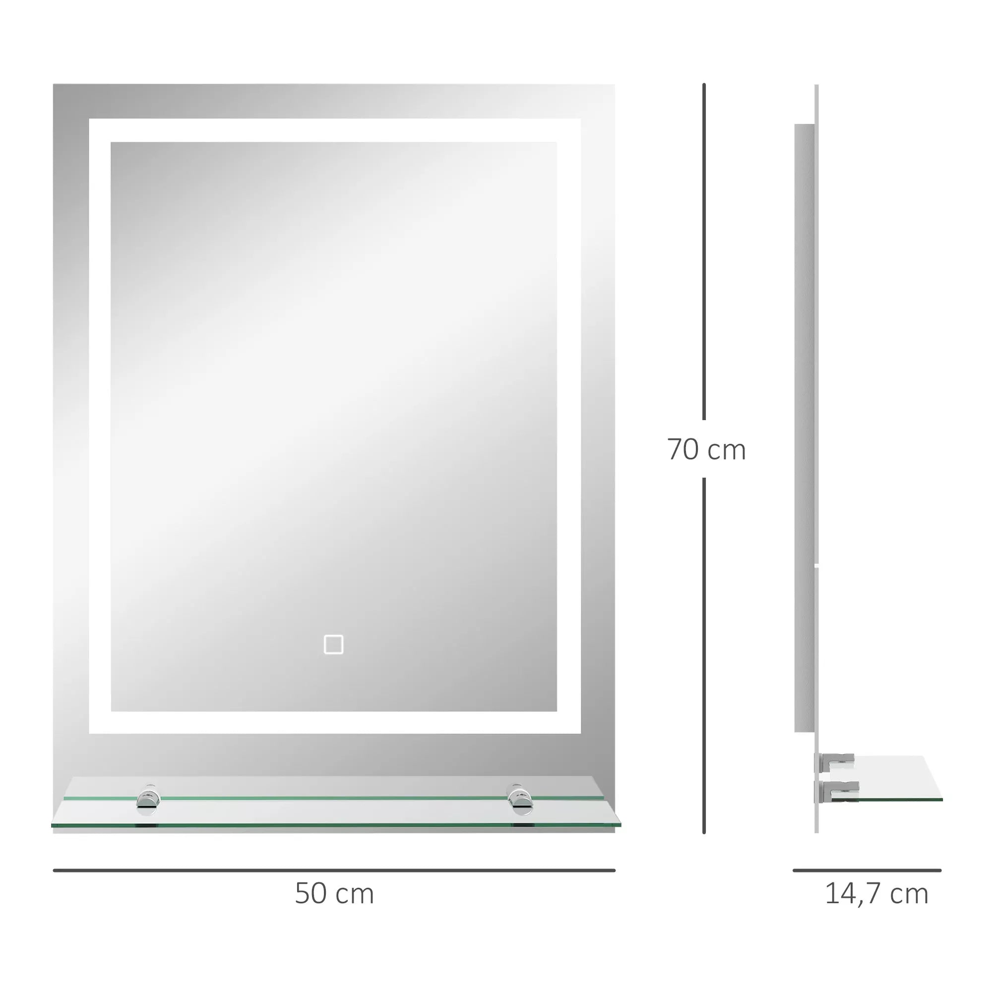 Vonios veidrodis su LED apšvietimu, 3 šviesos spalvos, apsauga nuo rasos, laidinis, 70 x 50 cm