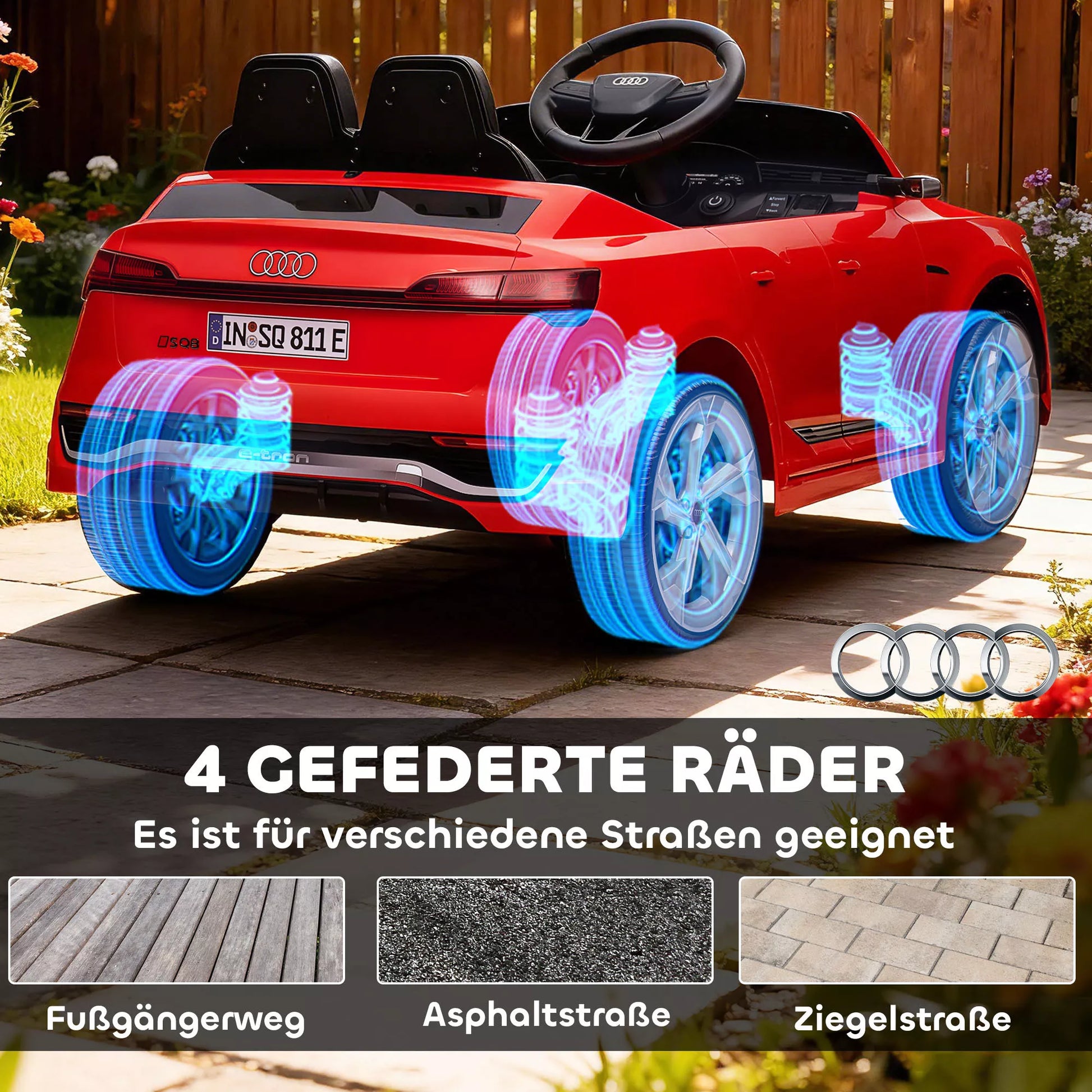 Elektrinis vaikiškas automobilis, 12V Audi Q8, 3–5 km/h, nuotolinio valdymo pultas, priekiniai žibintai, muzika, raudonas