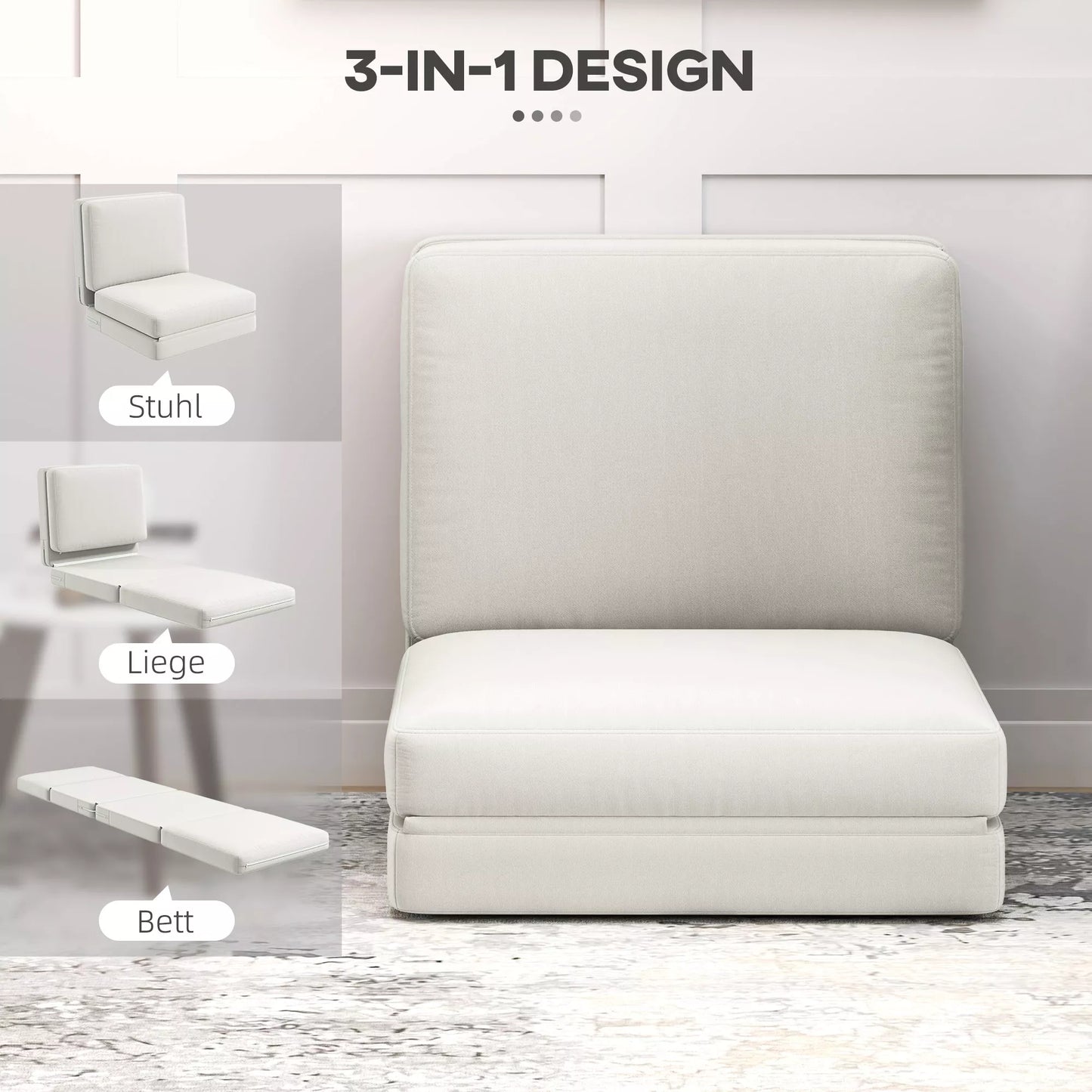 Sulankstoma kėdė ant grindų su pagalvėle, transformuojama į minkštą sofą, skirta svetainei, svečių kambariui, biurui, 75 x 268 x 18 cm, kreminės baltos spalvos
