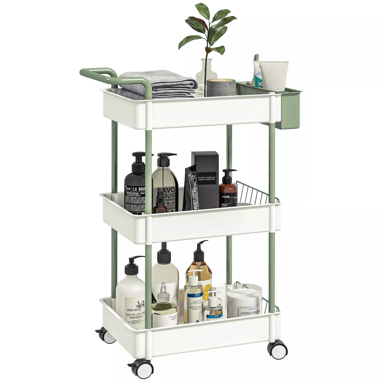 Vežimėlis, 3 lentynos, pakabinamas krepšys, stumdoma rankena, 4 ratukai, metalo rėmas, baltas, 50 x 29,4 x 77cm