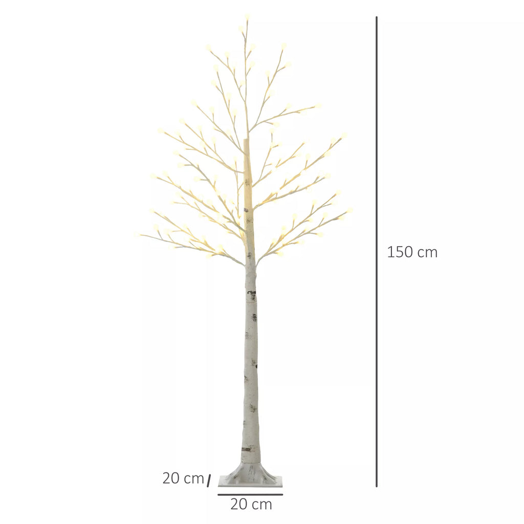Dirbtinė beržo medelė su 120 LED lempučių, 3 šviesumo pakopomis, sulankstomomis šakomis, IP44, 150 cm, Balta