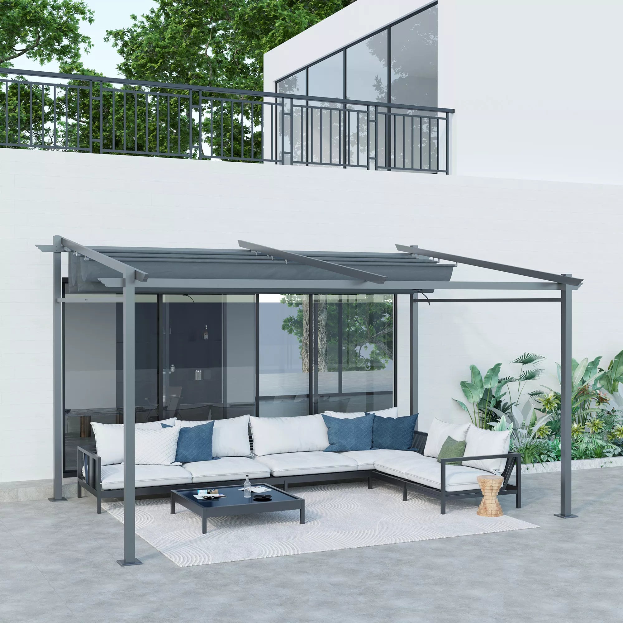 Pergola, su tvirtinimo elementais, ištraukiamas stogas, 3,97 m x 2,95 m x 2,3 m, tamsiai pilka
