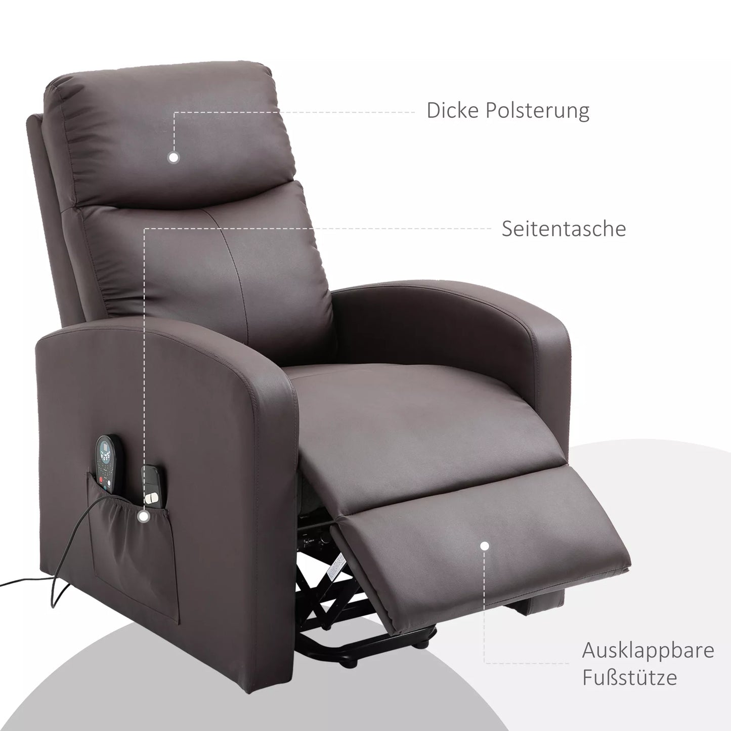 Masažinis krėslas su pagalba atsikeliant, relaksacinis krėslas, gultuvinis krėslas, galvos atrama, 8 vibracijos taškai, 2 nuotolinio valdymo pulteliai, rudas