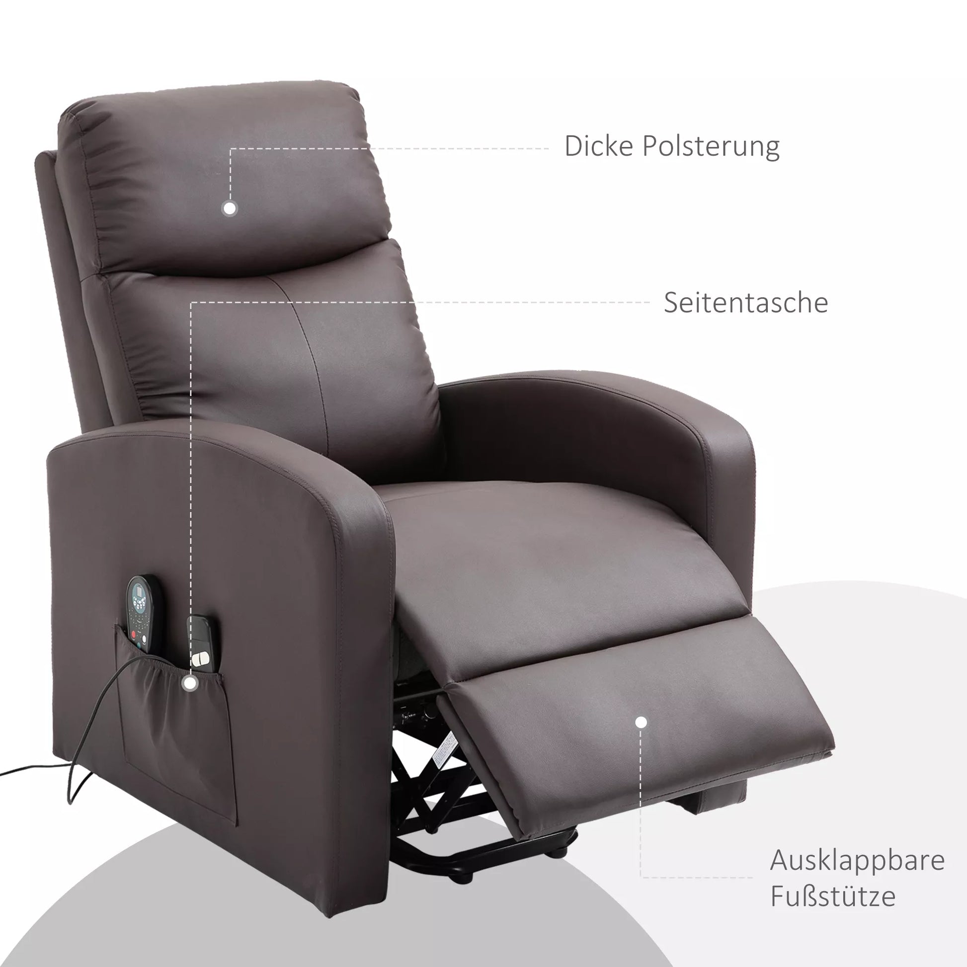 Masažinis krėslas su pagalba atsikeliant, relaksacinis krėslas, gultuvinis krėslas, galvos atrama, 8 vibracijos taškai, 2 nuotolinio valdymo pulteliai, rudas