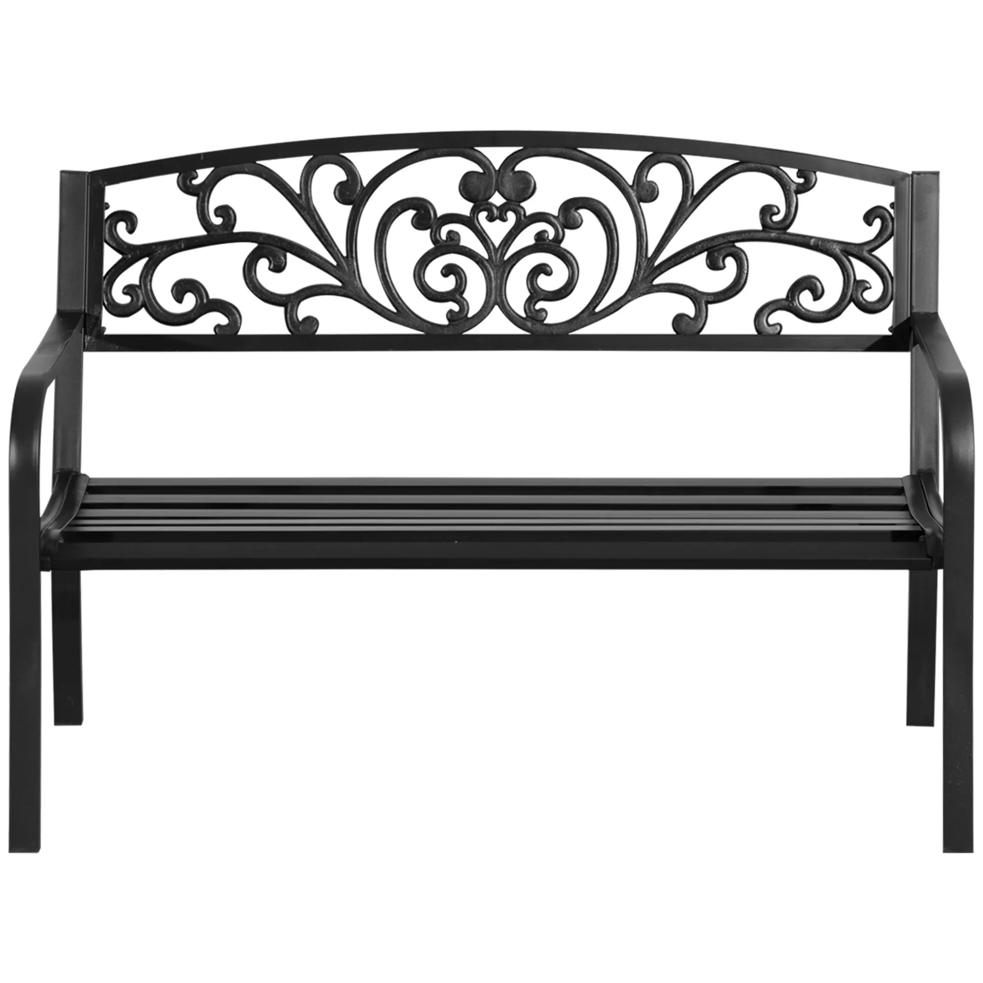 Metalinė sodo suolelė, gėlių dizainas, 2 vietų, 240 kg apkrova, plienas, 127L x 60B x 87H cm, juoda
