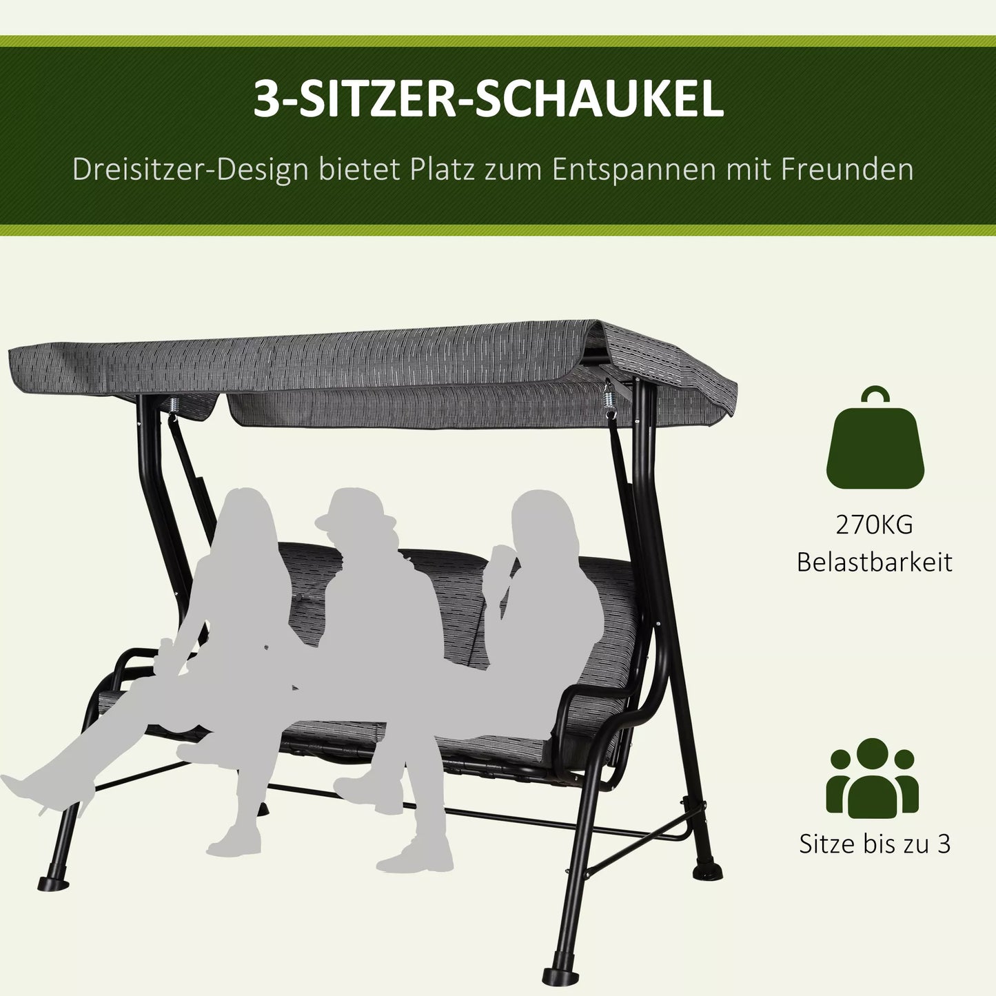 Holivudo sūpynės, 3 vietų sodo sūpynės, reguliuojamas saulės stogelis, tekstilė, pilka, 200 x 120 x 170 cm