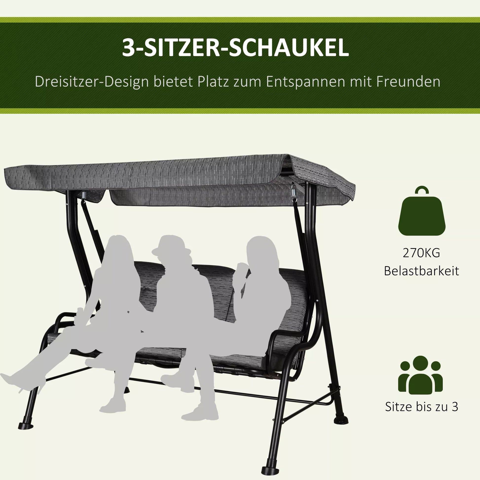 Holivudo sūpynės, 3 vietų sodo sūpynės, reguliuojamas saulės stogelis, tekstilė, pilka, 200 x 120 x 170 cm