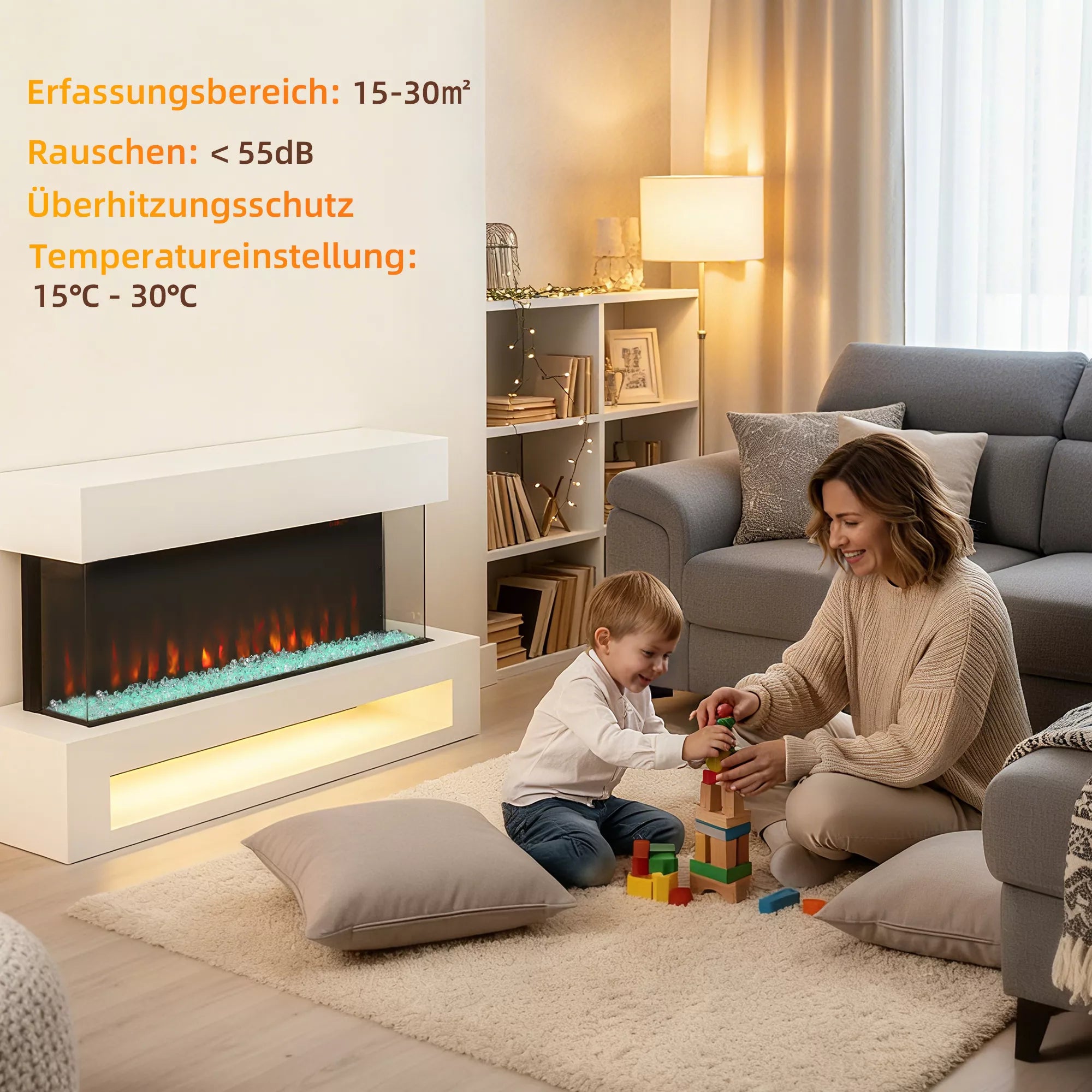 Elektrinis židinys su 11 liepsnos spalvų, 10 kristalų lovos spalvų, 1000 W/2000 W, nuotolinio valdymo pultas, universalus, baltas