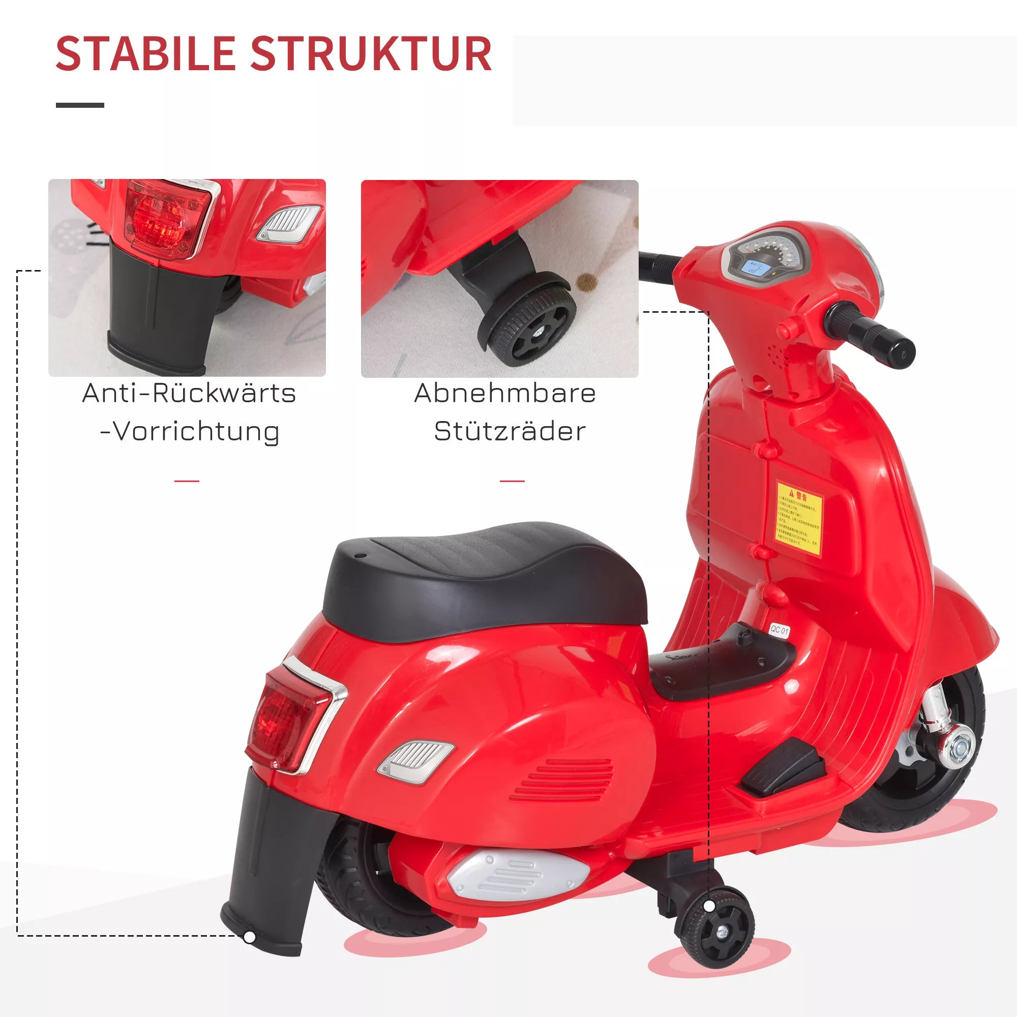 Elektrinis vaikų motociklas „Vespa“ Elektrinis motociklas su LED šviesa, garsu, vaikų elektrinis motociklas vaikams nuo 18 iki 36 mėnesių Raudonas